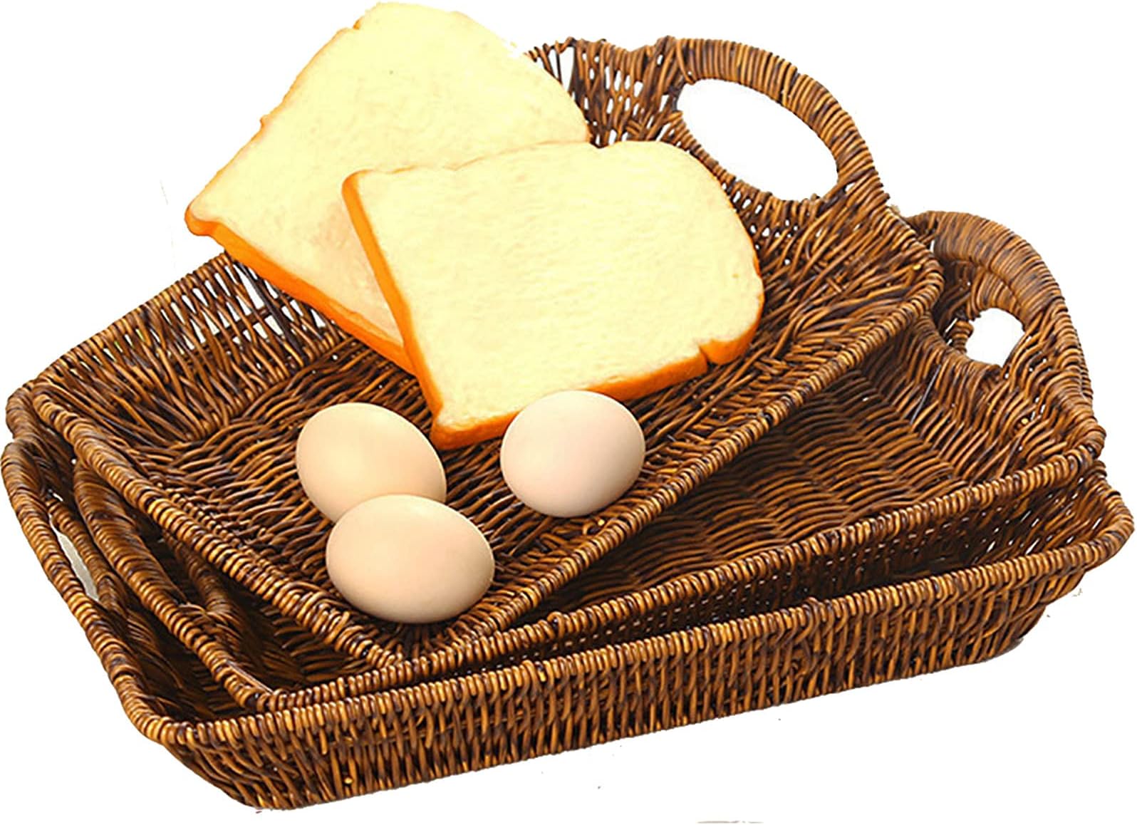 TOPZEA 3 Pack Poly Wicker Bread Basket, Farmhouse Woven Fruit Gift Baskets with Handles, Rectangular Bakery Display Flat Basket Food Serving Trays for Kitchen Counter, Coffee Bar, Brown