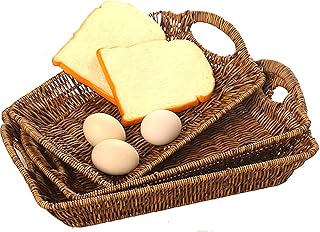 TOPZEA 3 Pack Poly Wicker Bread Basket, Farmhouse Woven Fruit Gift Baskets with Handles, Rectangular Bakery Display Flat Basket Food Serving Trays for Kitchen Counter, Coffee Bar, Brown