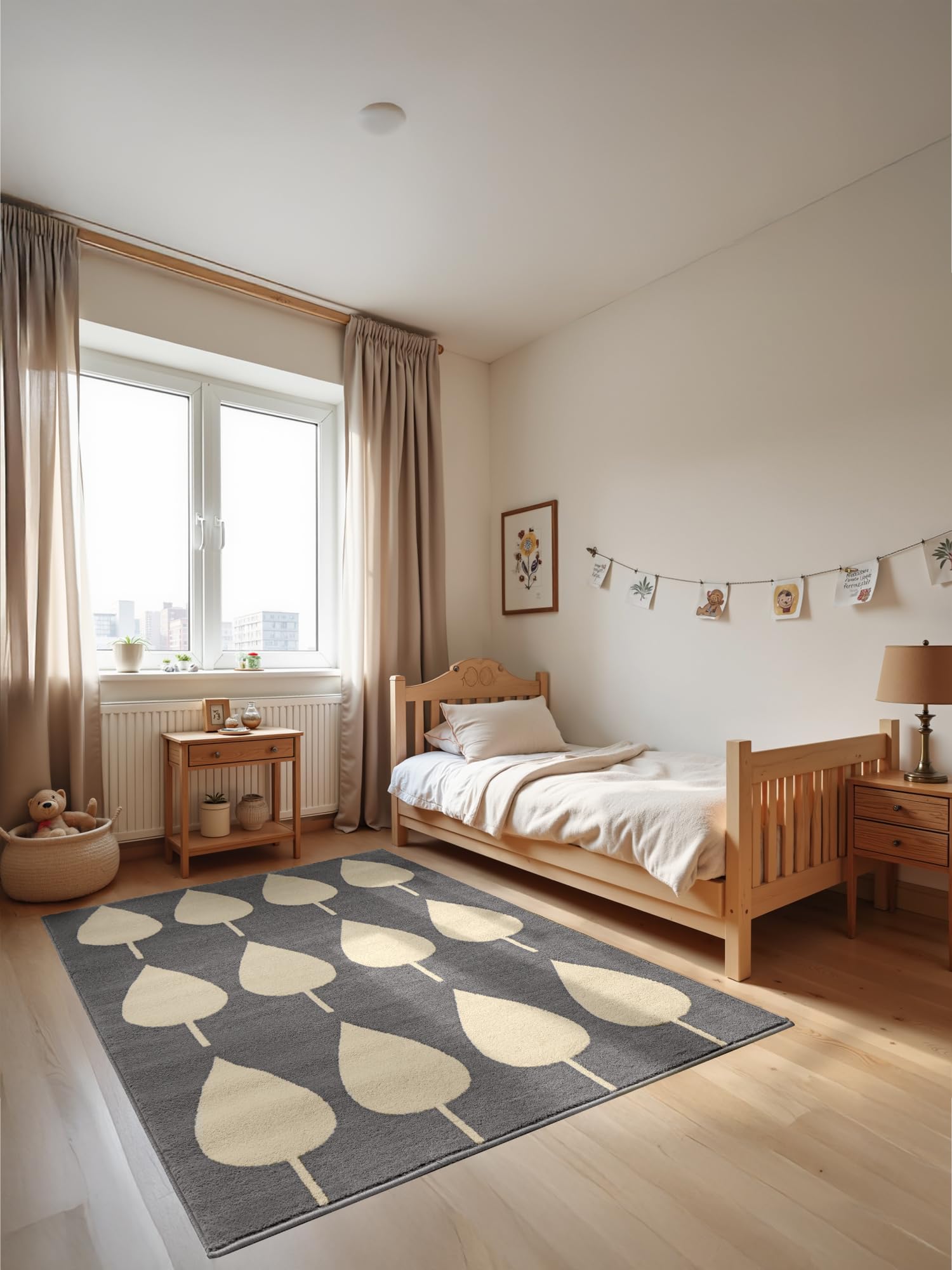 Hanse Home Adventures Children's Rug - Leaves Design Play Mat Modern Leaf Design Play Mat Crawling Rug Boys Girls for Children's Room, Teenager's Room, Living Room - Blue Cream, 120 x 170 cm