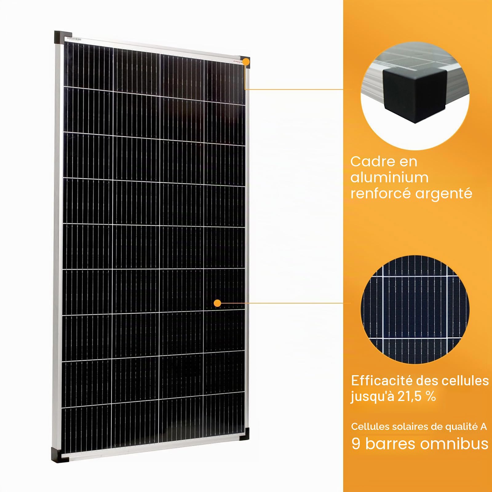 enjoy solar® Panneau Solaire Monocristallin 150W 12V, PERC 9BB – Idéal pour camping-car, installation balcon, abri de jardin, bateau