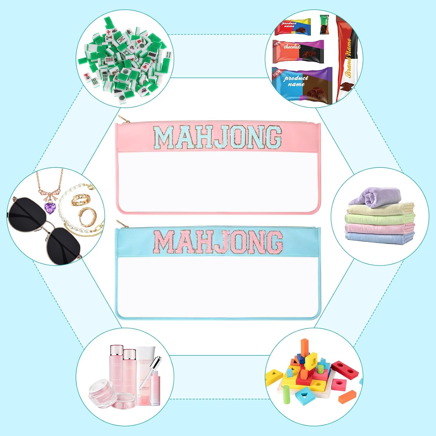 2 Pcs Mahjong Bags for Tiles, Mahjong Tile Bag with Zipper, Waterproof Accessories Storage Bag for Tiles (Pink, Blue)