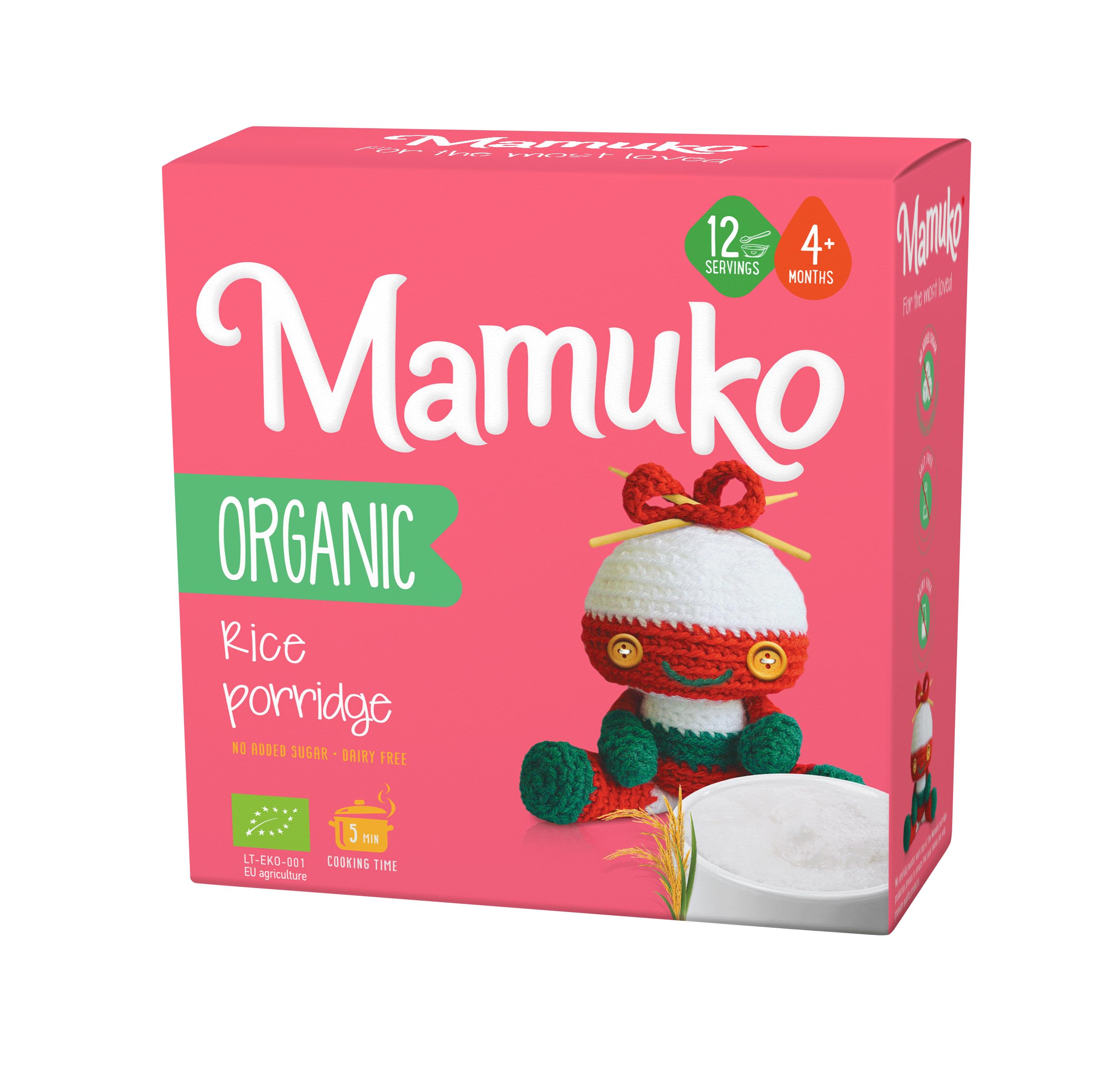 MAMUKO Organic Porridge - Rice Porridge with No Added Sugar, Milk & Preservatives - High Fiber Porridge Developed with EU Experts - Healthy Porridge Ideal for Little Ones from 4+ Months - 12 Servings