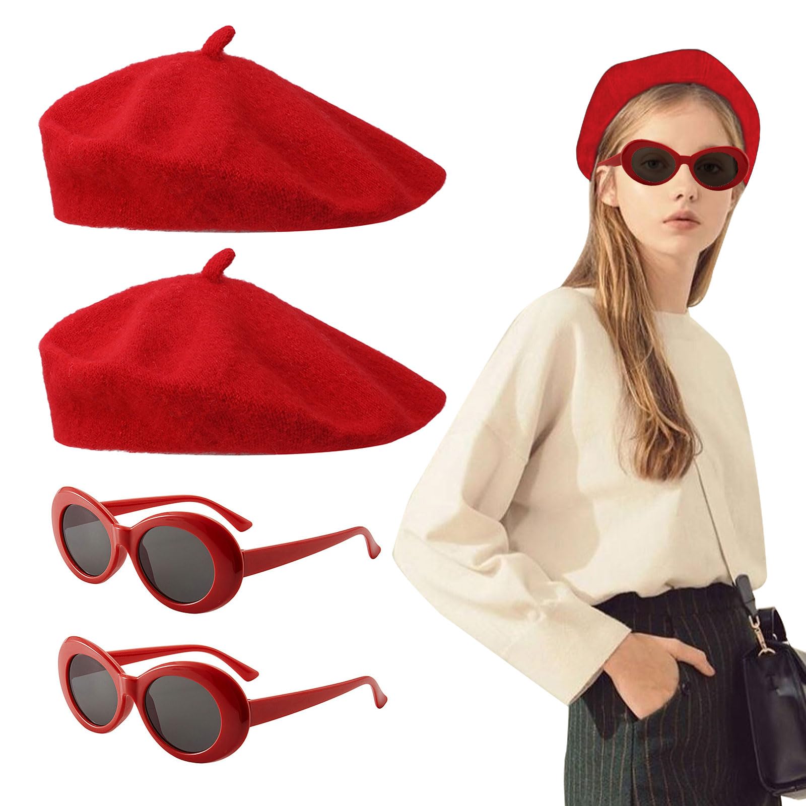 Juego de 4 piezas para mujer francesa, accesorios de disfraz de los años 40, vintage, clásico, boina francesa, gafas de sol, kit de mimo de artista francés para niñas, suministros de fiesta de