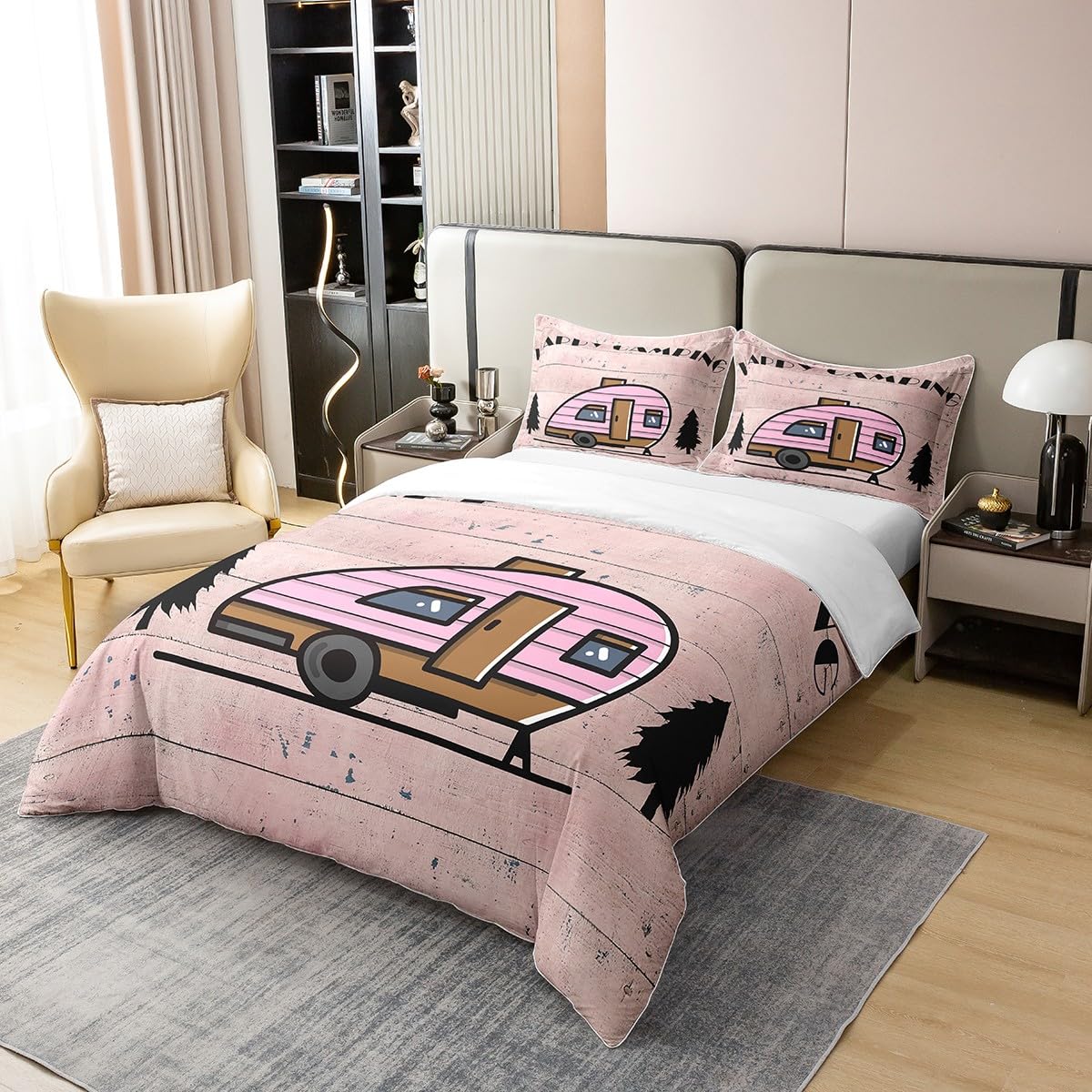 Homewish Set di biancheria da letto per bambini a tema campeggio con scritta Happy Camping Camper, per letto singolo, motivo: vecchio fienile, decorazione per camper