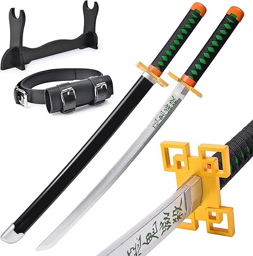 Vista 15 de Demon Slayer - Espada para niños de 31 pulgadas, hoja de bambú con cinturón y soporte de espada, espada de anime de textura original, Katana Demon