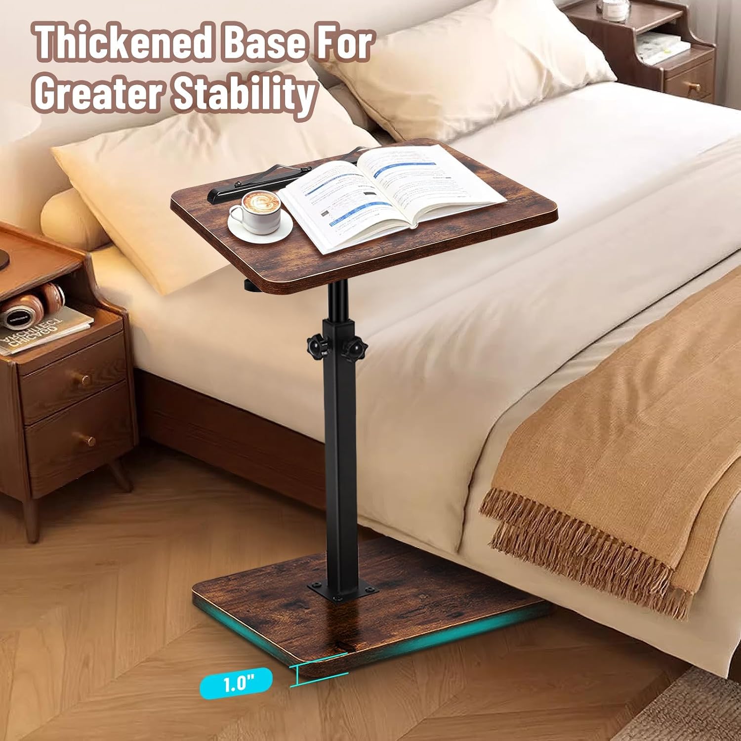 TV Tray Table for Couch, 360° Swivel/Height Adjustable / 180° Flip, C Shaped End Table with Book Clip for Sofa/Bed/Bathtub with Phone & Tablet Slot (Rustic)