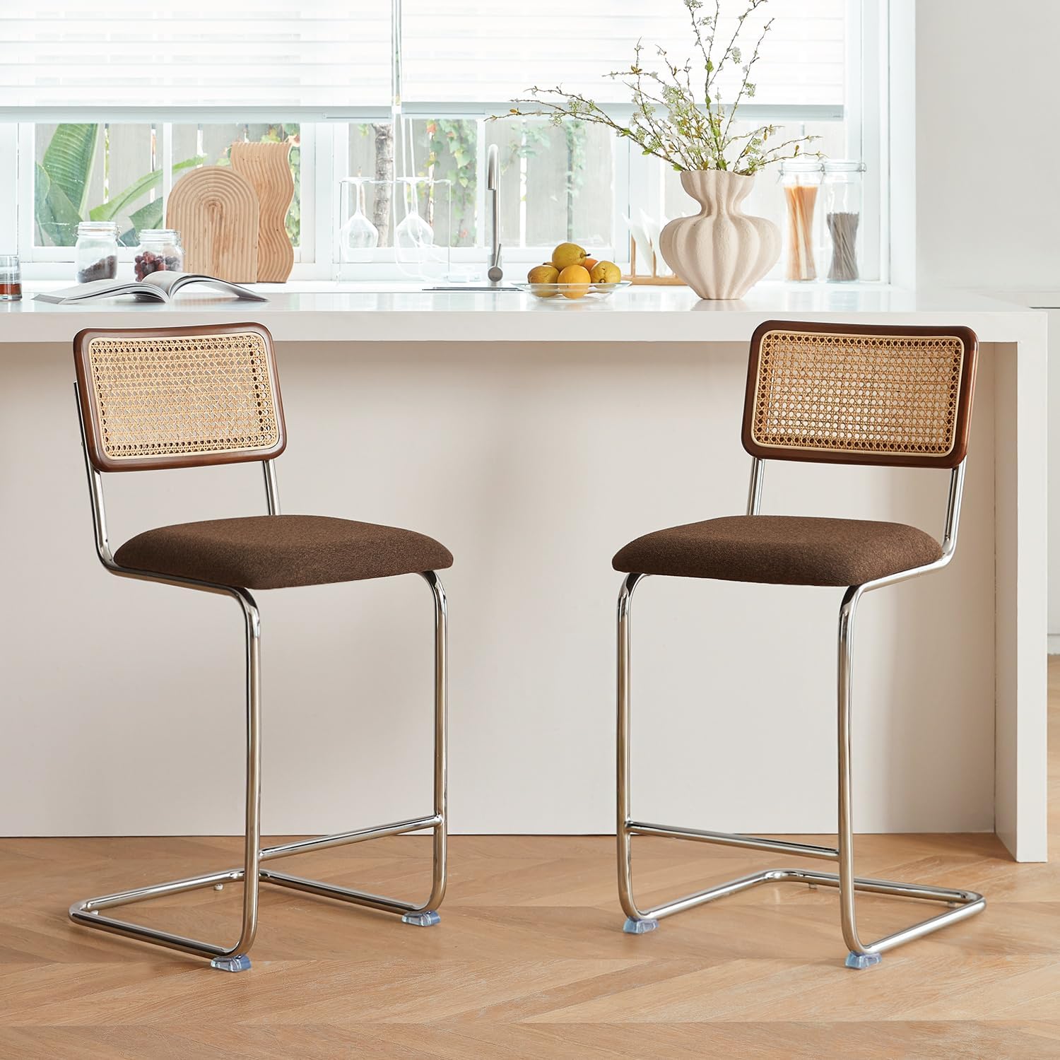 GrandNoor Natural Rattan Bar Stools Set of 4 with Solid Wood Back, 24 Inch Mid Century Modern Counter Height Stools, Brown Upholstery Boho Stool for Kitchen Counter with Chrome Metal Legs