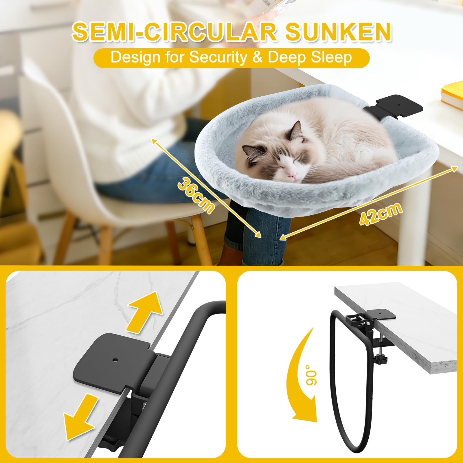 Lit de Bureau pour Chat Demi-Circulaire Supporte 15kg Gris Hamac | Fausse Fourrure de Lapin Douce, Pliable & Gain de Place, Amovible Lavable en Machine, Pour Plateaux 2-8cm d’Épaisseur,