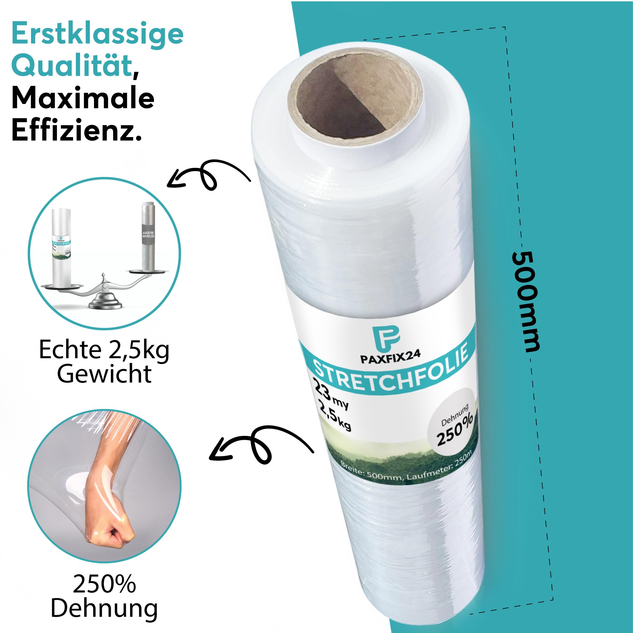 Stretchfolie Transparent 23my 2,5kg 500mm Handstretchfolie Palettenfolie 350m