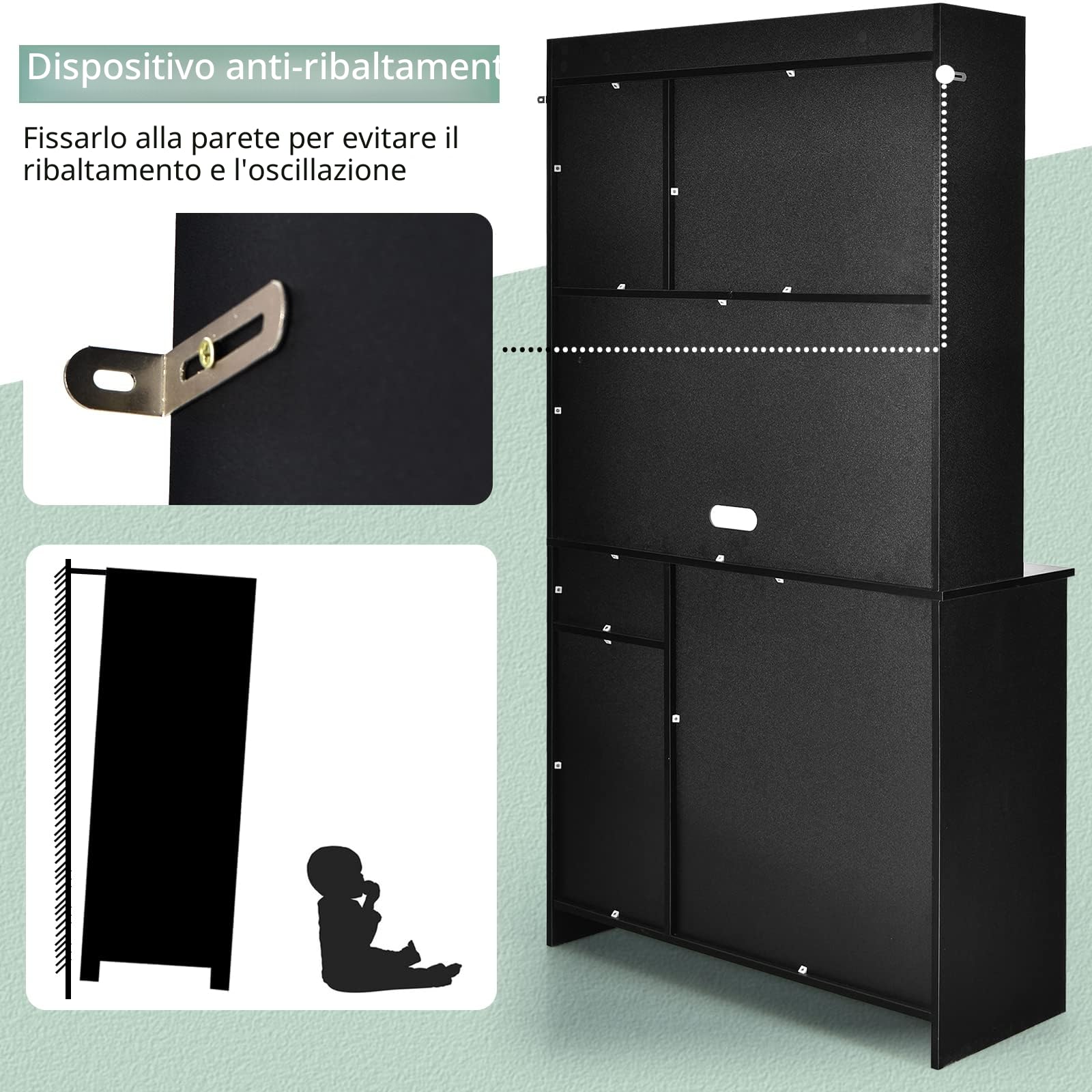 KOMFOTTEU Credenza Alta da Cucina 180 cm, Mobile Cucina Dispensa con Fori per Cavi, Mobile Buffet con 4 Ripiani Regolabili, 3 Armadi, per Soggiorno, Sala da Pranzo, 100 x 40 x 180 cm (Nero)