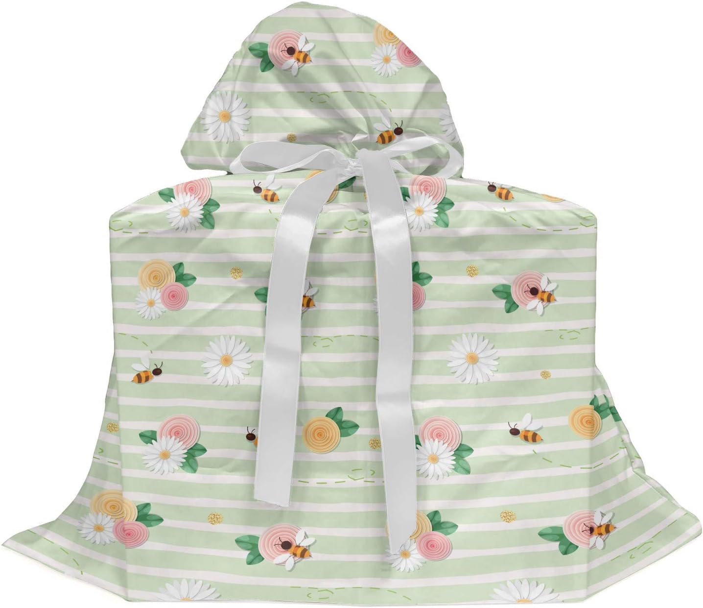 Ambesonne Flowers Insects Gift Bag, Charming Roses Chamomiles Bees on a Striped Background, Reusable Fabric Party Favor Pouch with 3 Ribbons, 27" X 32", Green