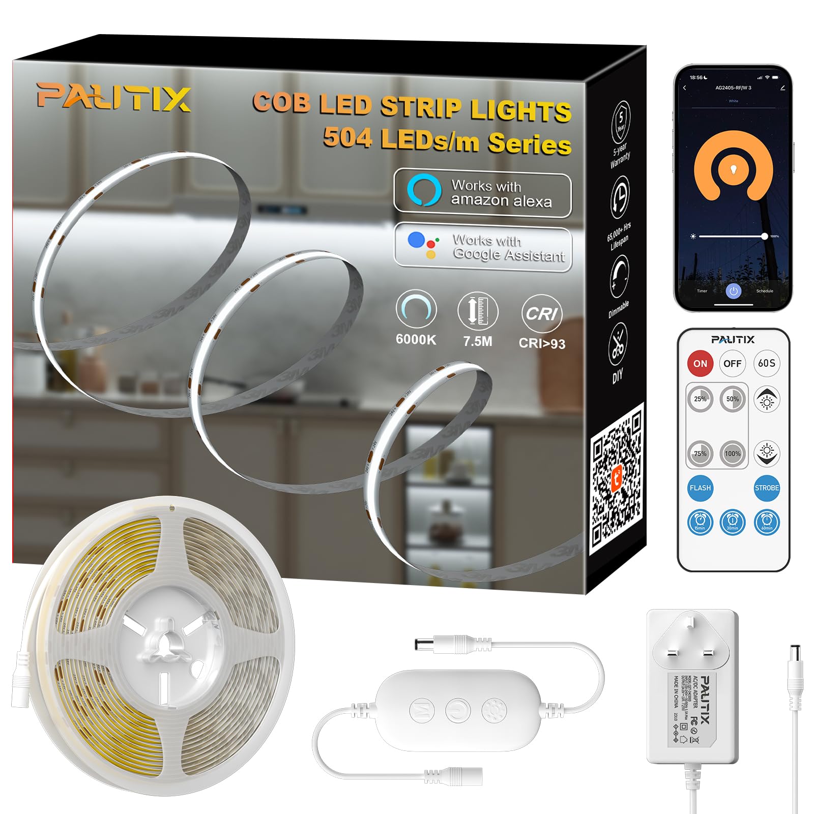 Pautix 6000K Cob Led Strip 7.5M Daylight White Led Strips 24V 504Leds/M Dimmable Led Strip Lights Super Bright Cri93+ Strips Light With Wifi Tuya App For Under Cabinet Kitchen Mirror Living Room