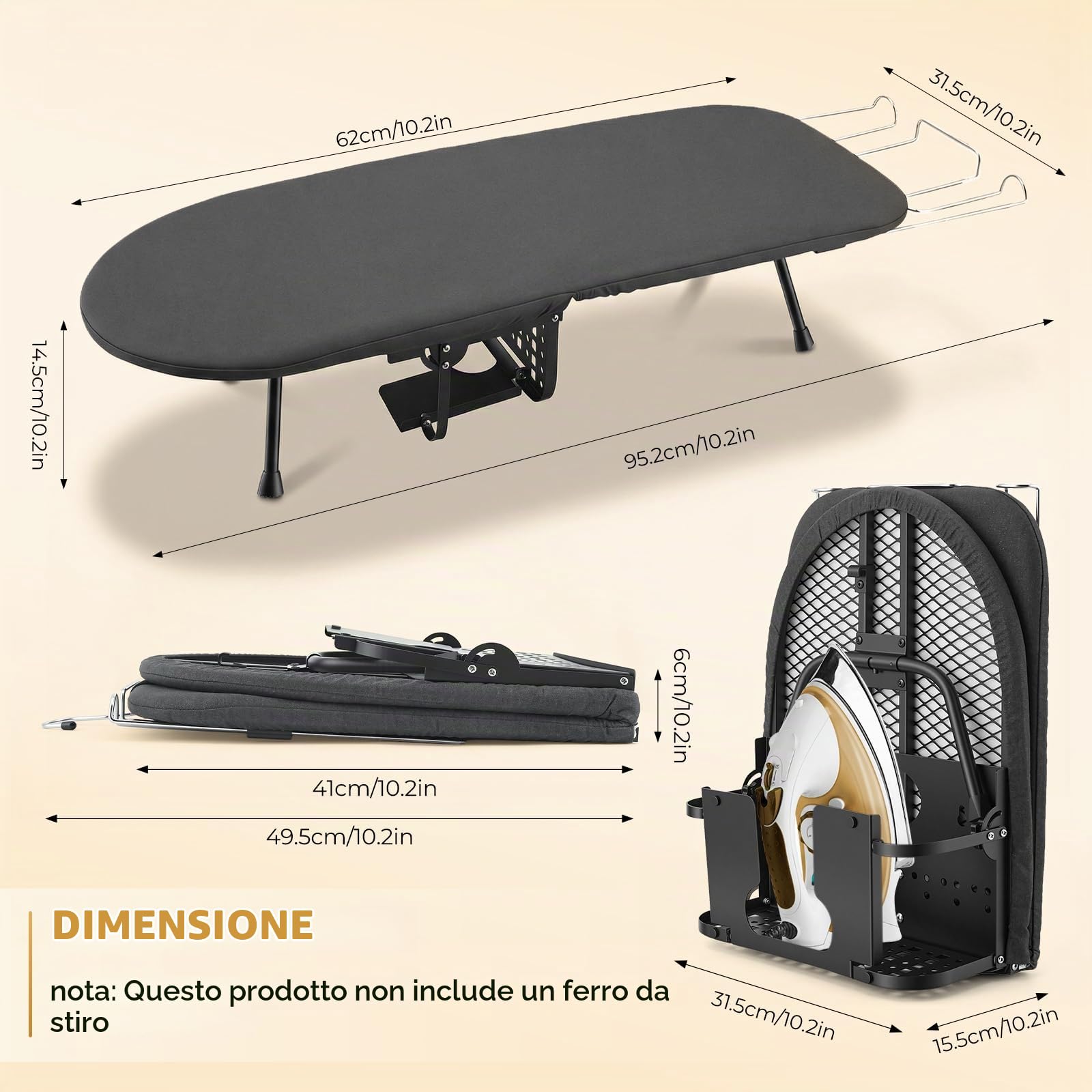 Asse da stiro pieghevole da 81 x 30 cm, compatto e salvaspazio, con struttura in acciaio e rivestimento in cotone, con ripiano da stiro e piedini antiscivolo, ideale per piccoli appartamenti, viaggi e