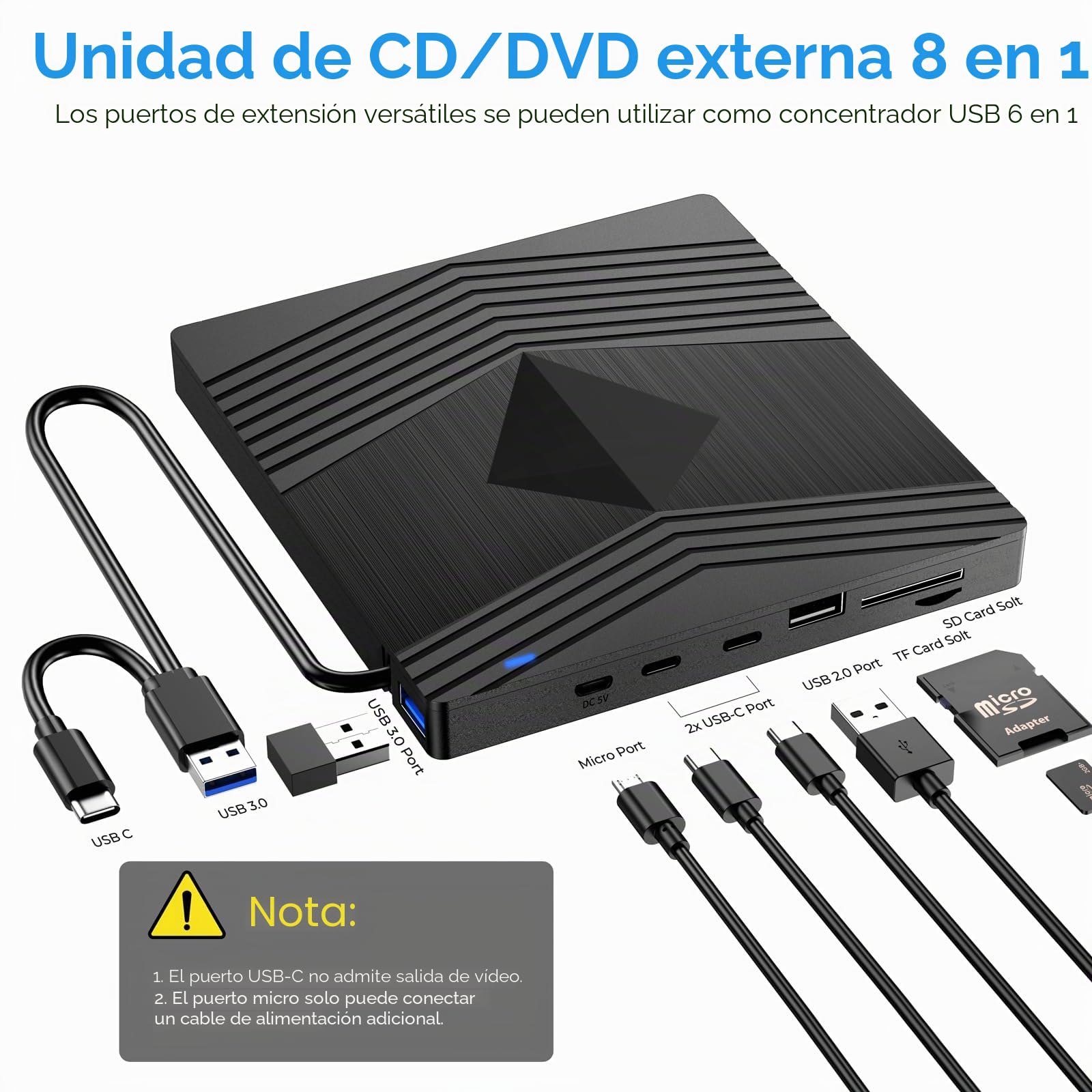 Lector CD/DVD Externo,USB 3.0 Grabadora DVD Externa con Tarjetas SD TF y 2 Puertos USB C Unidades DVD/CD -RW/ROM Externas,Lector DVD Externo para PC Portátil Laptop Windows 11/10/8.1/7 Linux MacOS