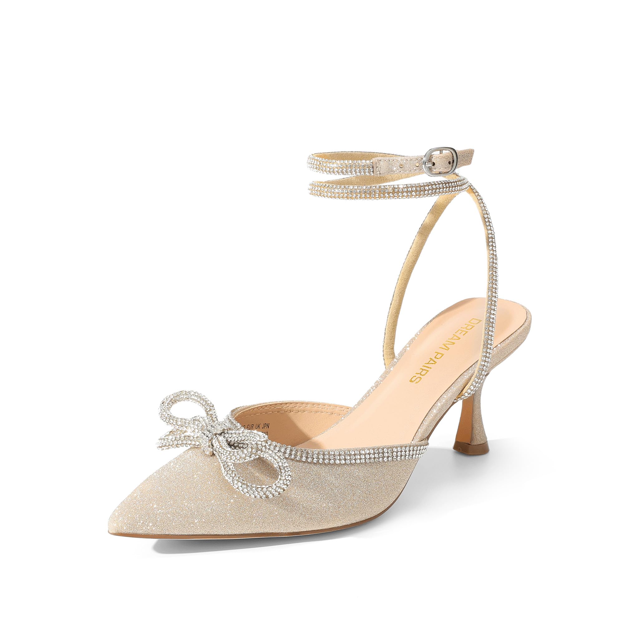 DREAM PAIRS Décolleté da Donna a Punta Chiusa, con Tacco a Spillo Basso, Cinturino alla Caviglia e Fiocco con Strass – Scarpe Eleganti Donna per Cerimonie e Matrimoni