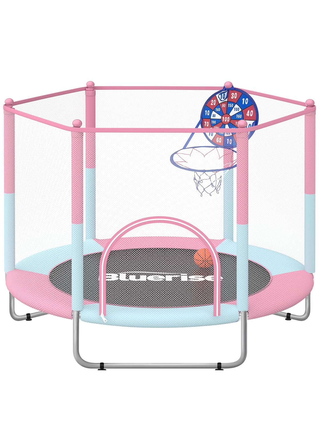 BLUERISE 60" Trampoline for Kids, 5 FT Small Toddler Indoor & Outdoor Trampoline, Basketball Hoop & Dart Board, Baby Trampoline Toys, Gifts for Boy