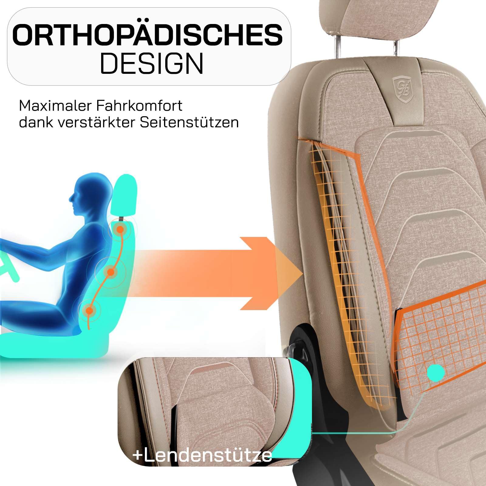Fundas de asiento universales para coche y SUV - Fundas de asiento premium delanteras de lino, beige, compatibles con airbag, funda de asiento para coche, juego completo incl. kit de