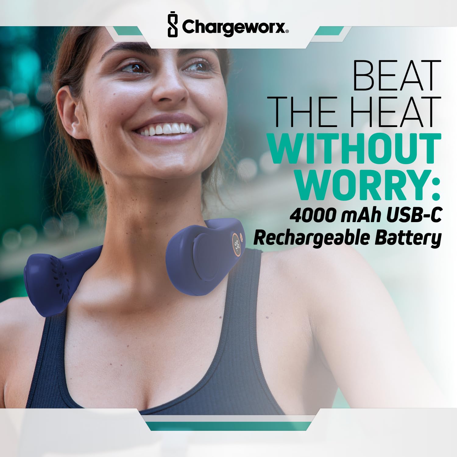 CHARGEWORX Ventilatore da collo con 5 modalità regolabili, batteria da 4000 mAh, ricaricabile tramite USB, design senza lama, super silenzioso, copertura a 360°, ideale per l'estate, per esterni (blu)