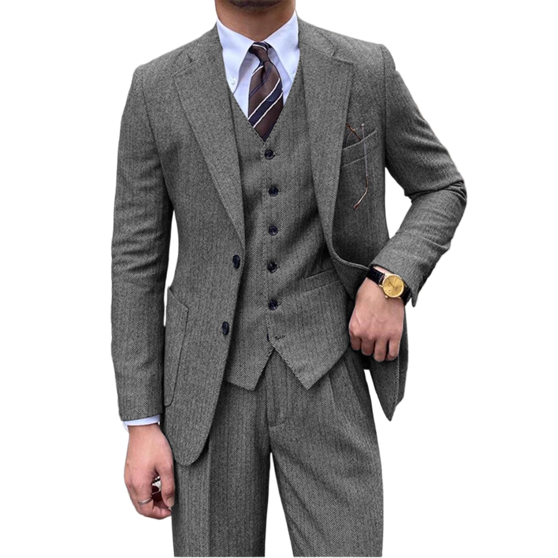 Completo da uomo in tweed, 3 pezzi, stile vintage, a spina di pesce, per matrimoni, balli di fine anno, abbigliamento casual da lavoro, set blazer e pantaloni