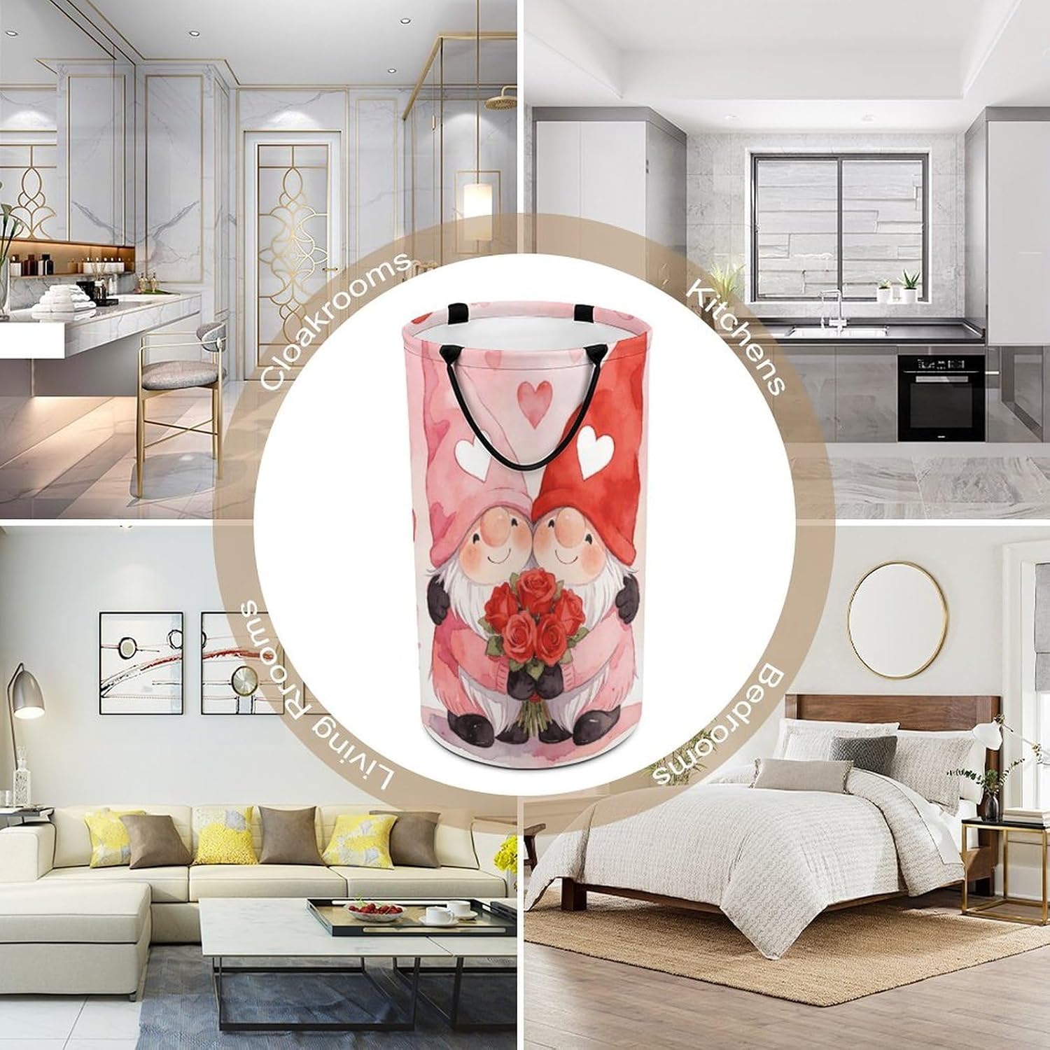 Valentines Gnomes Laundry Hamper with Handles Waterproof Collapsible Laundry Basket Large Lightweight Round Dirty Clothes Hamper for Home Dorm Bathroom Decor