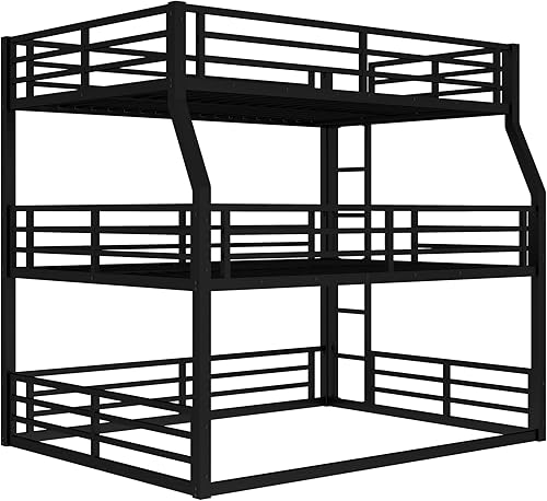 Miniatura 153 de Litera triple de metal, tamaño matrimonial XL sobre individual XL sobre tamaño Queen, elegante base de cama triple con seguridad garantizada para