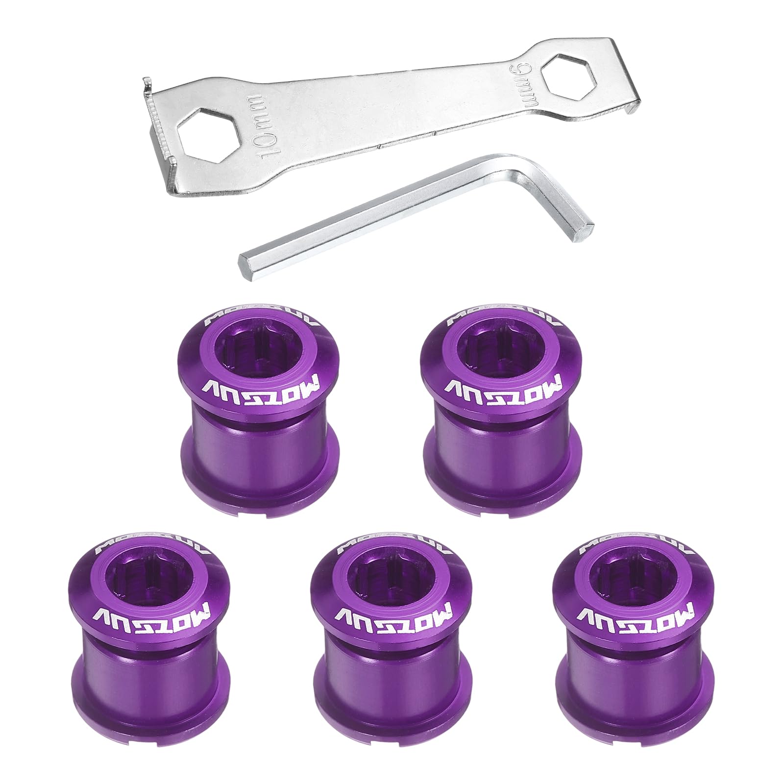 sourcing map 5pcs Double Chain Ring Bolts M8 Aluminum Alloy Bicycle Crankset Nut Chainwheel Screws with Mountain Wrenches for Road Bike Mountain Bike, Purple
