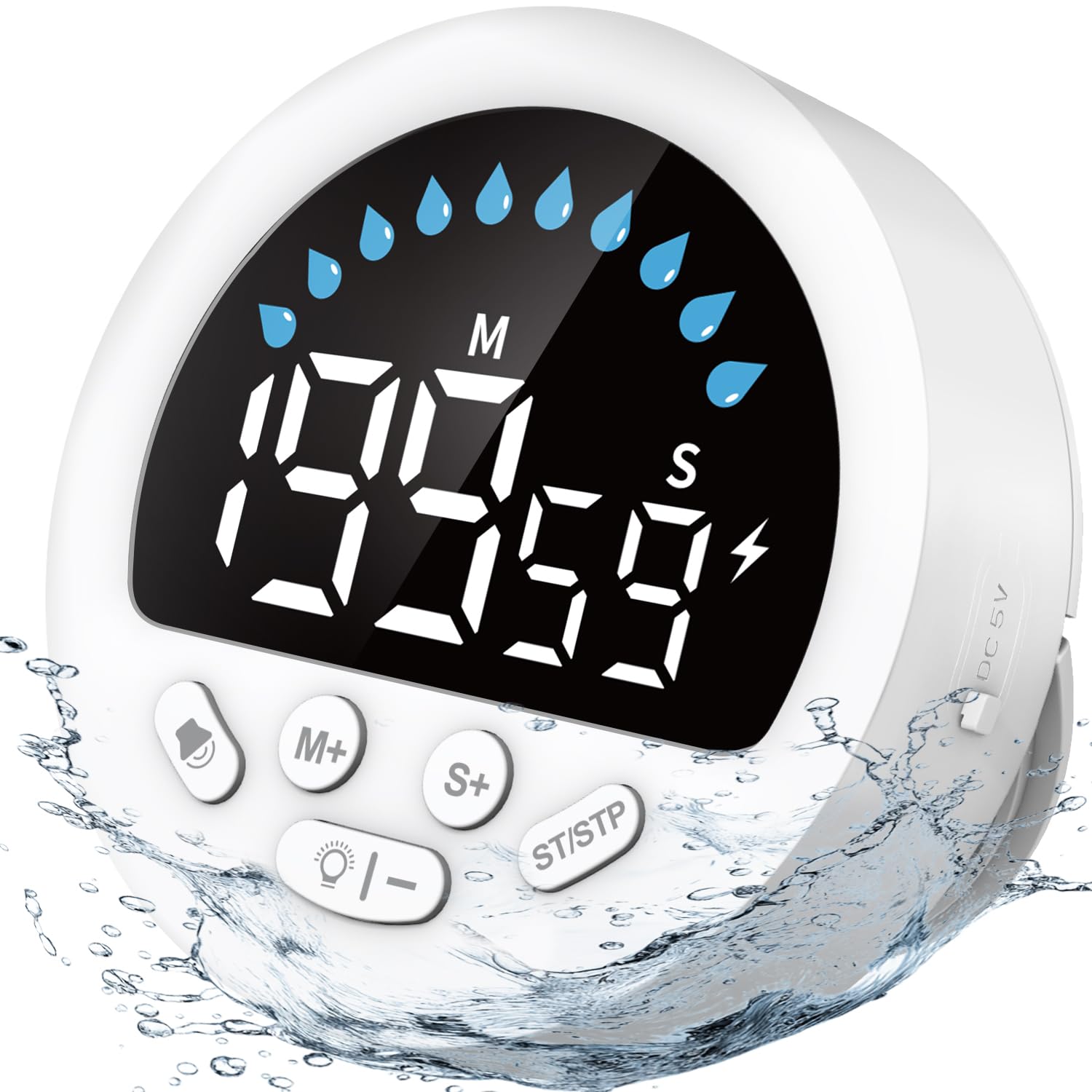 NOKLEAD IPX5 Waterproof Shower Timer with Countdown Count-up, Suction Cup Wall Mount Stopwatch with Hanging Cord for Kitchen Bathroom Toilet Swim (White)