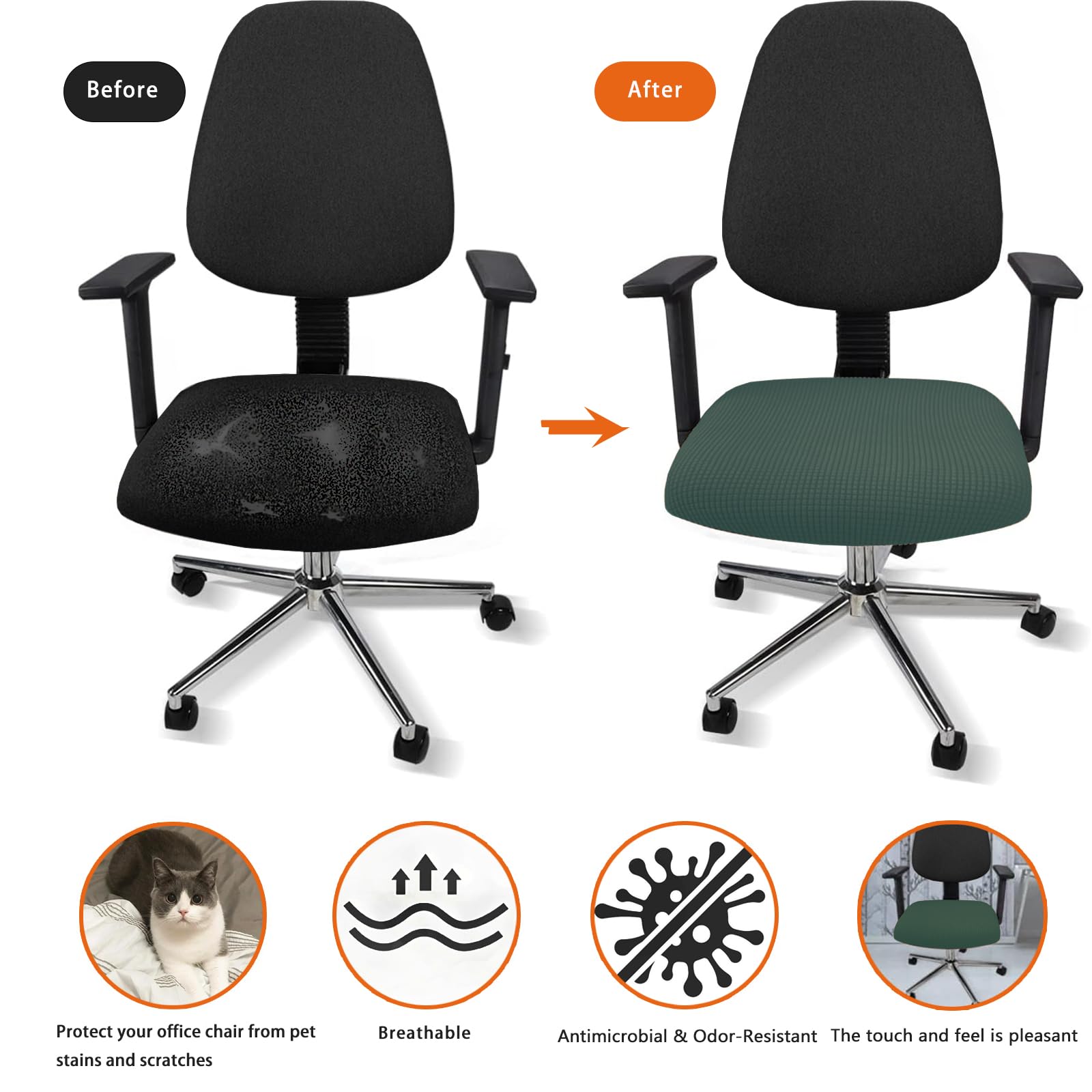 FYTXSZ Office Chair Seat Cover Universal Fit Dining Room Chair Covers Stretch Washable Slipcover Protector for Desk Swivel Computer Chairs (Black Green-2 Pack) - Image 4