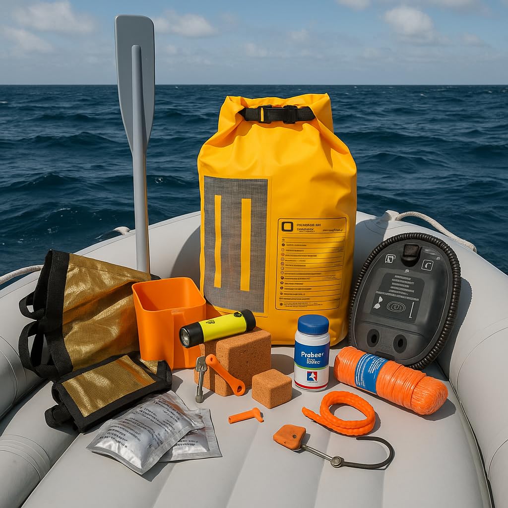 Kit di Sopravvivenza in Mare conforme al D.M. 17/09/2024 – Art. 51 Ideale per le unità pneumatiche ad uso privato, gommoni e barche Entro 12 miglia dalla costa può sostituire la zattera autogonfiabile