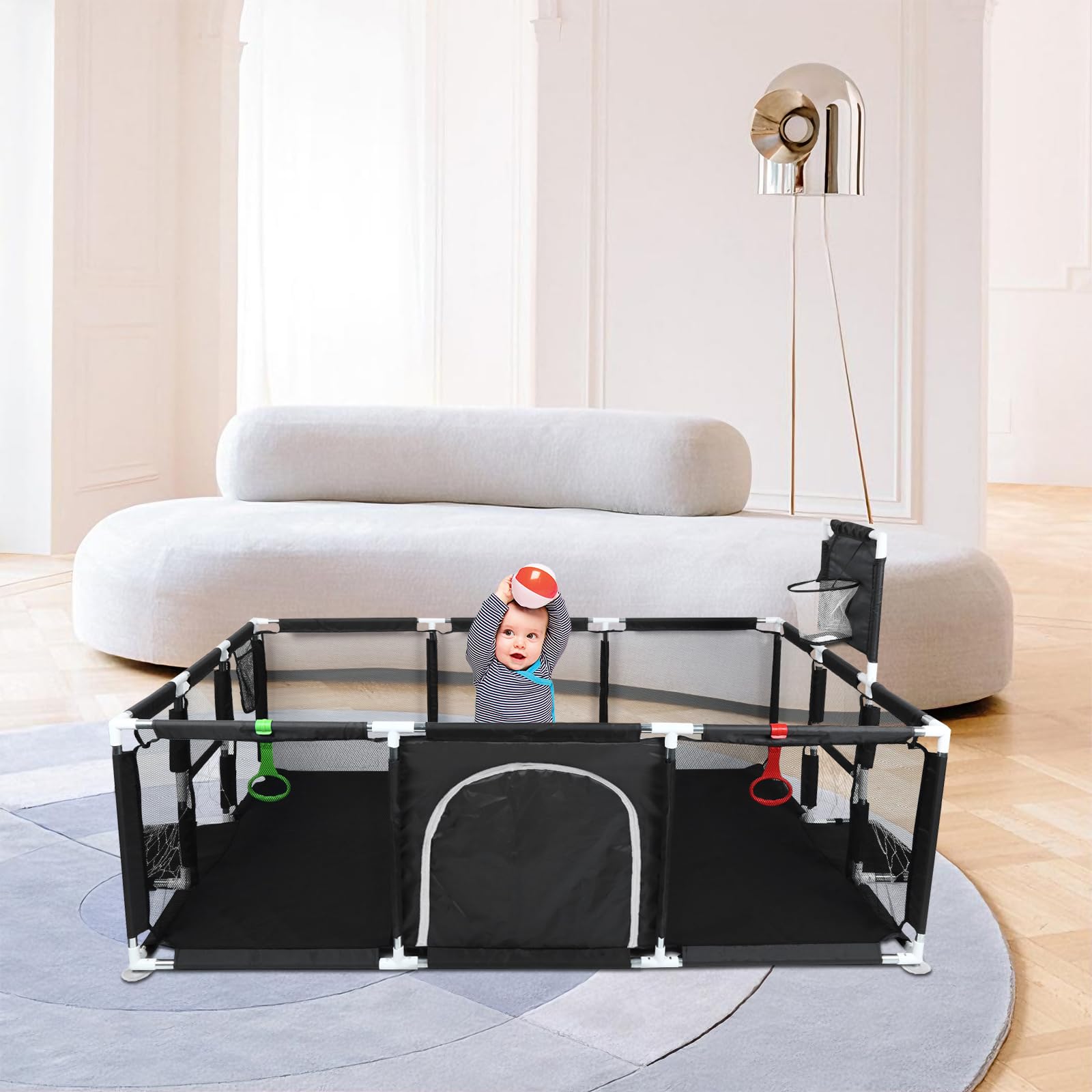 Parc Bebe 180X120X66 cm, 1 ballon de football + 1 ballon de basket + 1 pompe + 2 anneaux de traction + 4 ventouses gris foncé，parc bebe pliable，parc enfant (noir)