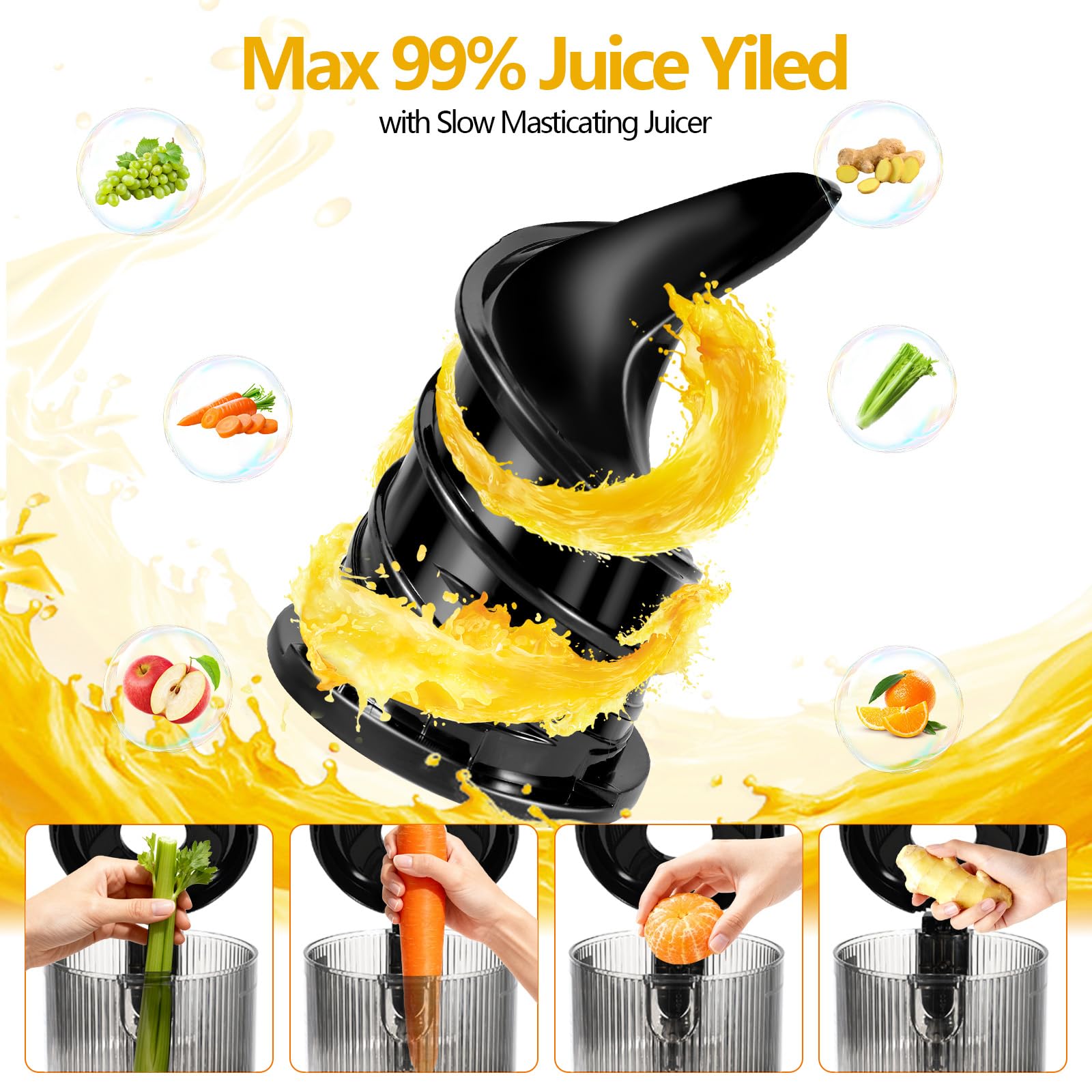 Cold Press Juicer with 5.8" Extra Wide Feed Chute - Slow Masticating Juicer Machine for Whole Fruits & Vegetables - High Juice Yield, Self Feeding, Easy to Clean & Assemble