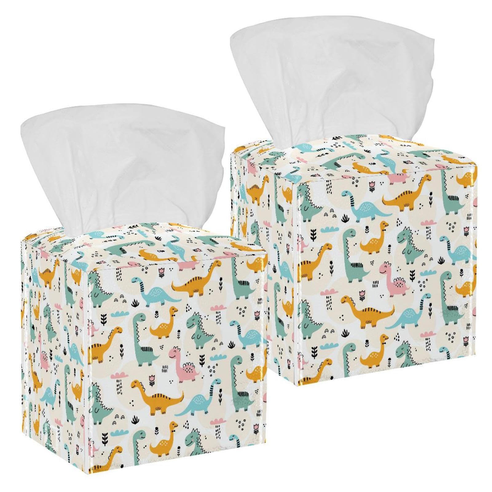 Cartoon Dinosaur Tissue Box Cover, 2 Pack PU Leather Square Facial Tissue Dispenser Box holder for Home Office Car