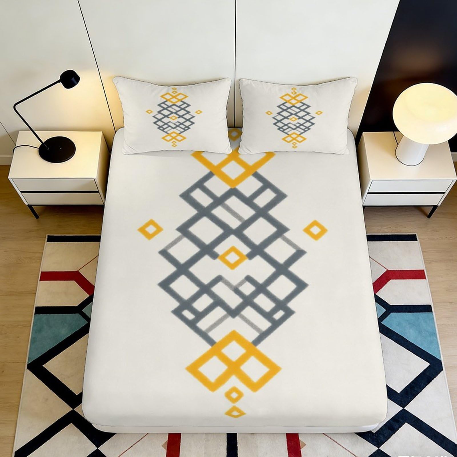 3D Printed Geometric Yellow Grey Fitted Sheet Microfiber Soft Mattress Cover for Bedroom Dorm Protection Decor 180x200x25cm