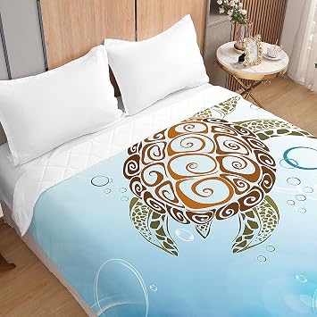 Highdi Reversible Bed Throws Quilted Bedspreads, Ocean Print Lightweight Patchwork Quilt Comforter Single Double, Cotton Throw Summer Quilt, Quilted Blanket for Seasons (Light Blue,100x150cm)