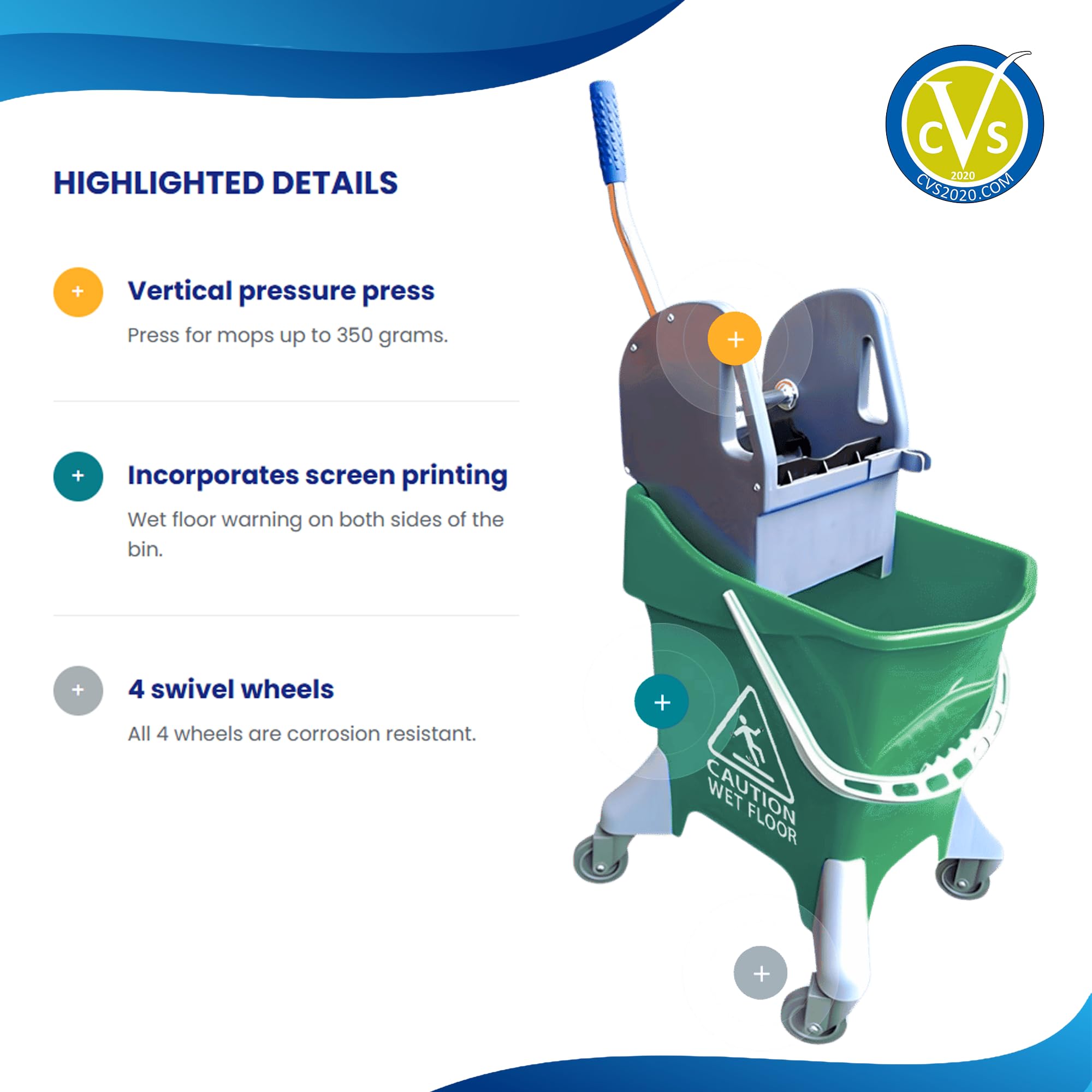 Secchio per mocio commerciale con strizzatore, 31 litri, secchio per mocio kentucky con design ergonomico, sistema di pulizia efficiente, facile da riempire e svuotare, carrello di pulizia