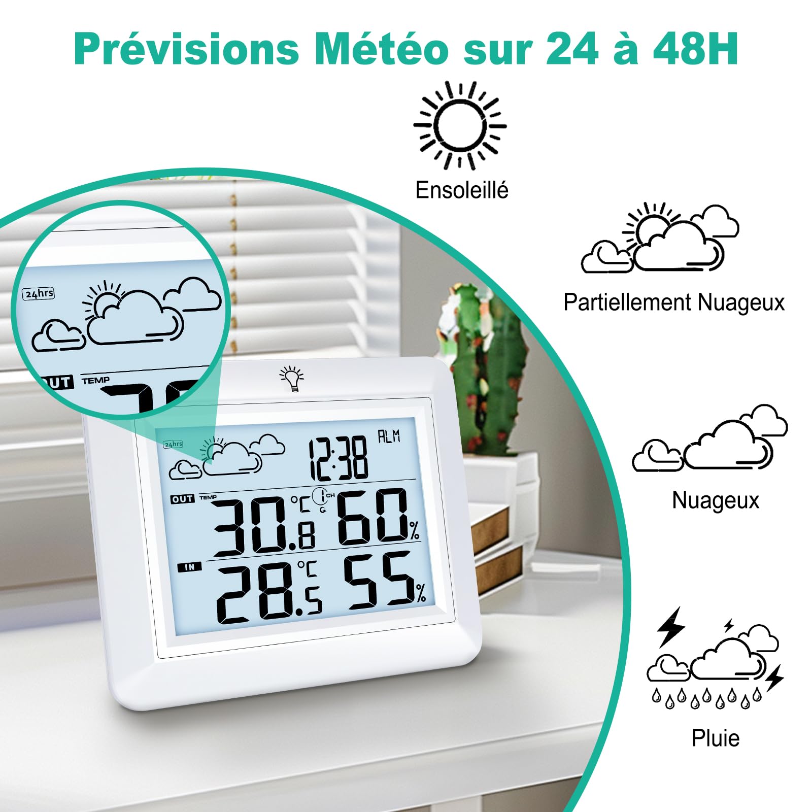 Urageuxy Thermometer Innen Außen, Digital Thermometer Hygrometer mit Wettervorhersage, Hygrometer, Weckzeiten, MIN/MAX-Aufzeichnung, 100m Reichweite, LCD Backlight Display
