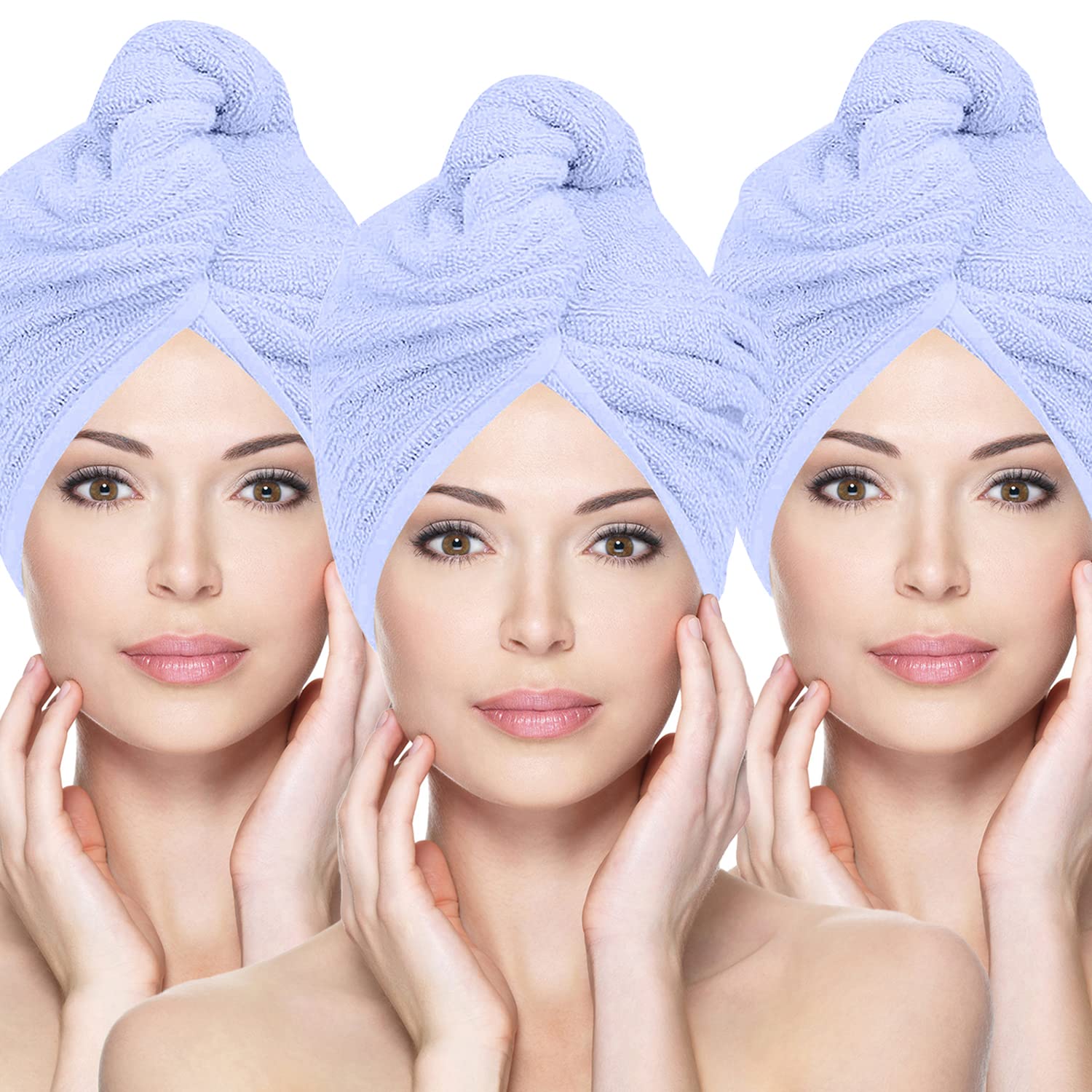 Glamza 3 Pack (Large) - Blue Microfibre Hair Towel Wrap Super Absorbing Twist Turban Hair Wrap With Buttons For Fast Drying Hair (3 Pack (Large) - Blue)