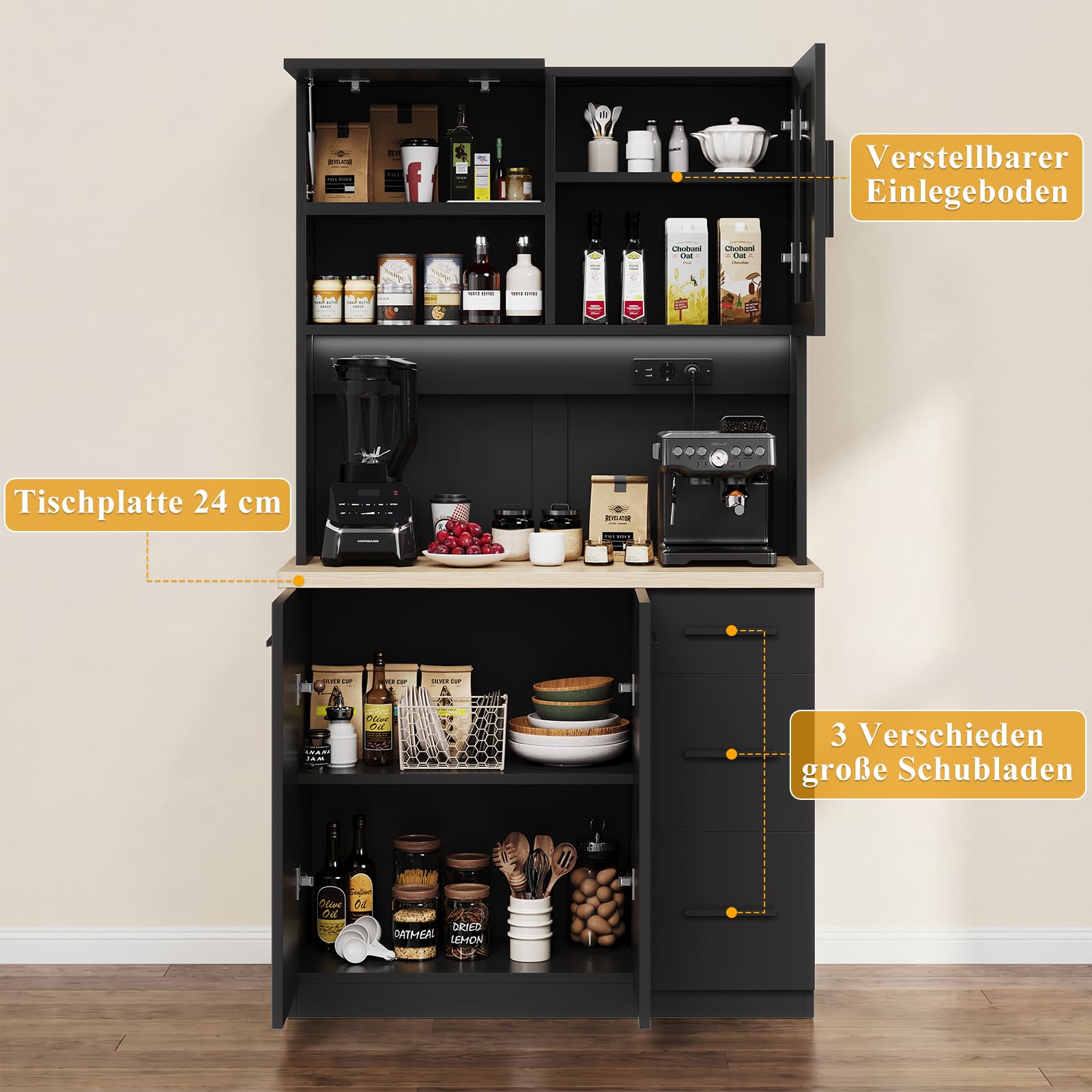 JUMMICO Buffetschrank, 100 x 40 x 182(H) cm, Küchenschrank mit 2 Steckdosen und LED Streifen 3000K, Küchenbuffet mit verstellbaren Einlegeboden und Arbeitsplatte 24 mm, Schwarz