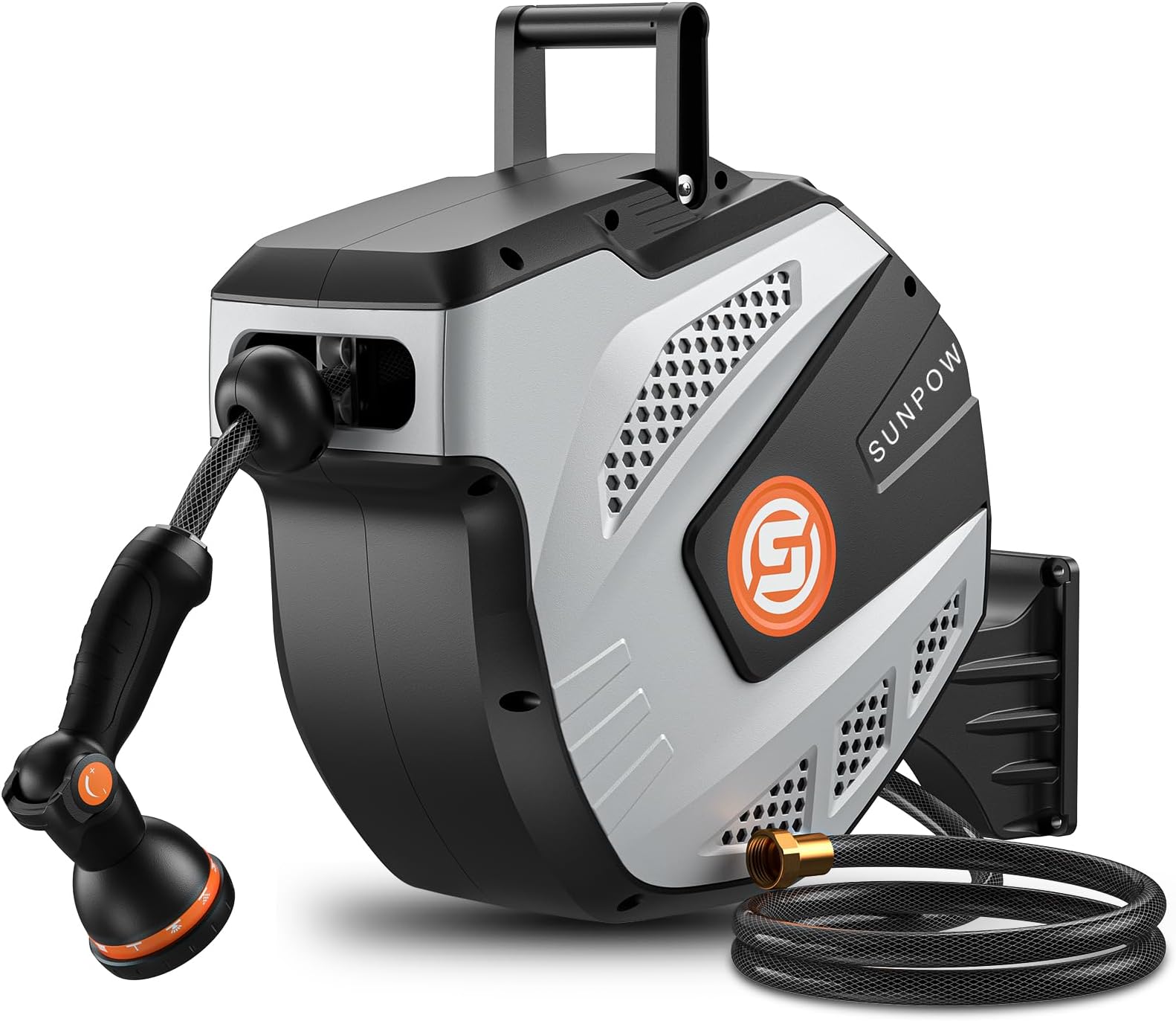 - SUNPOW Retractable Garden Hose Reel - 1/2 inch x 50ft Heavy Duty Wall Mounted Hose Reel with 3/4 inch Brass Fitting & 10 Sprayer Nozzle - Any Length Lock, Auto Rewind System, 180°Swivel Bracket- Grey