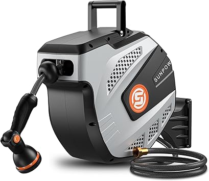 SUNPOW Retractable Garden Hose Reel - 1/2 inch x 50ft Wall Mounted Hose Reel with 3/4 inch Brass Fitting & 10 Function Sprayer Nozzle - Any Length Lock, Auto Rewind System, 180°Swivel Bracket - Grey