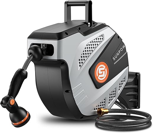 SUNPOW Retractable Garden Hose Reel - 1/2 inch x 50ft Wall Mounted Hose Reel with 3/4 inch Brass Fitting & 10 Function Sprayer Nozzle - Any Length Lock, Auto Rewind System, 180°Swivel Bracket - Grey