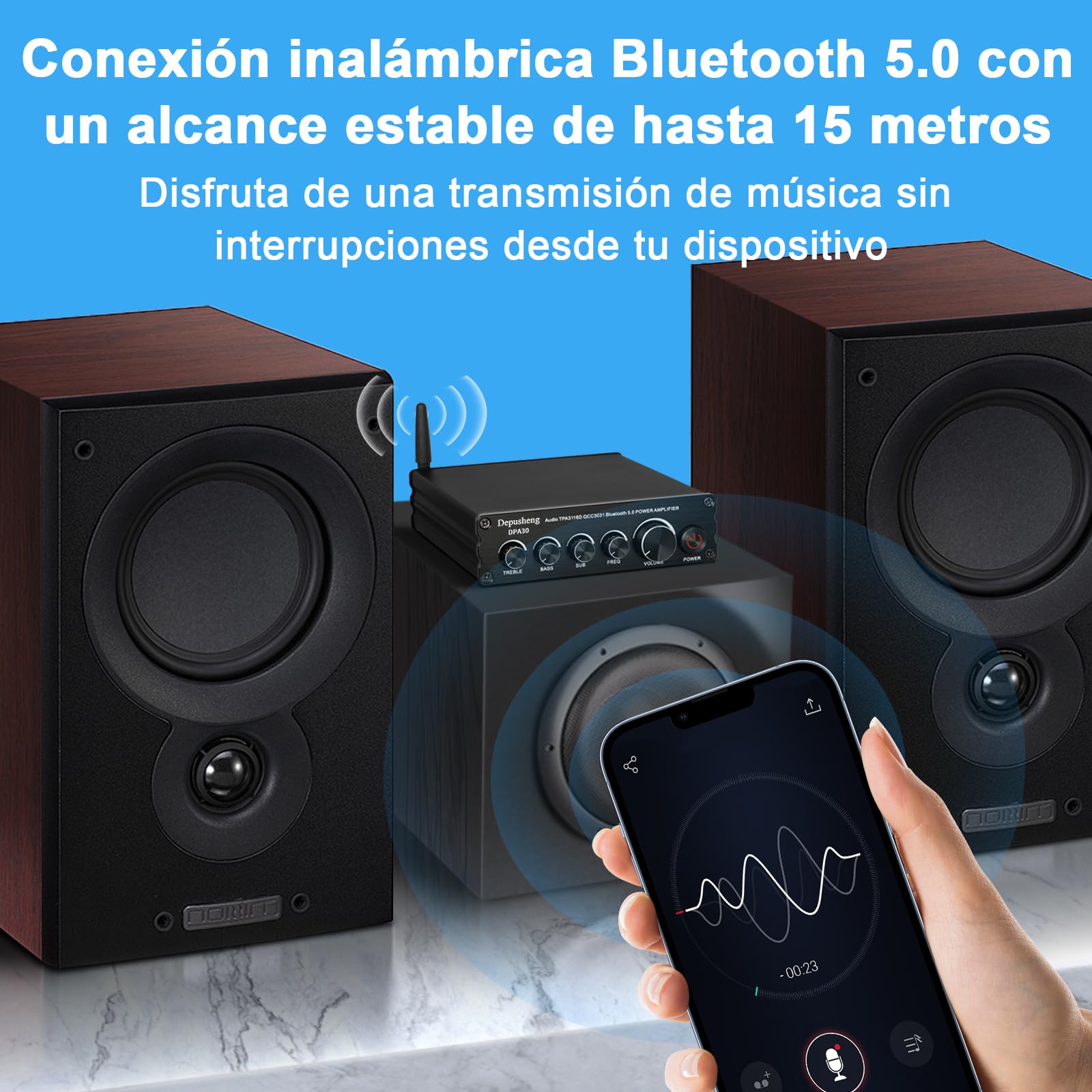 Depusheng DPA30 Amplificador Receptor de Audio estéreo 2.1 Canales Mini Hi-Fi Bluetooth 5.0 Amplificador de componentes de Audio 50 W x2+100 W para el hogar al Aire Libre Altavoz pasivo y subwoofer