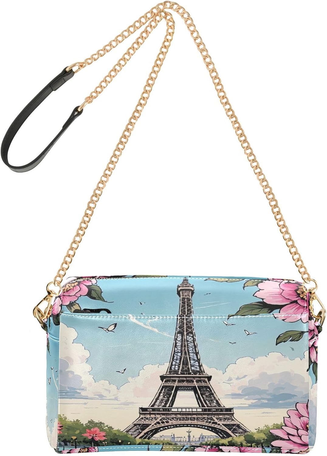 Crossbody Small Bag For Women Vegan Leather Pink Flowers Romantic Eiffel Tower Womens Fashion Purses Waterproof Shoulder Handbag