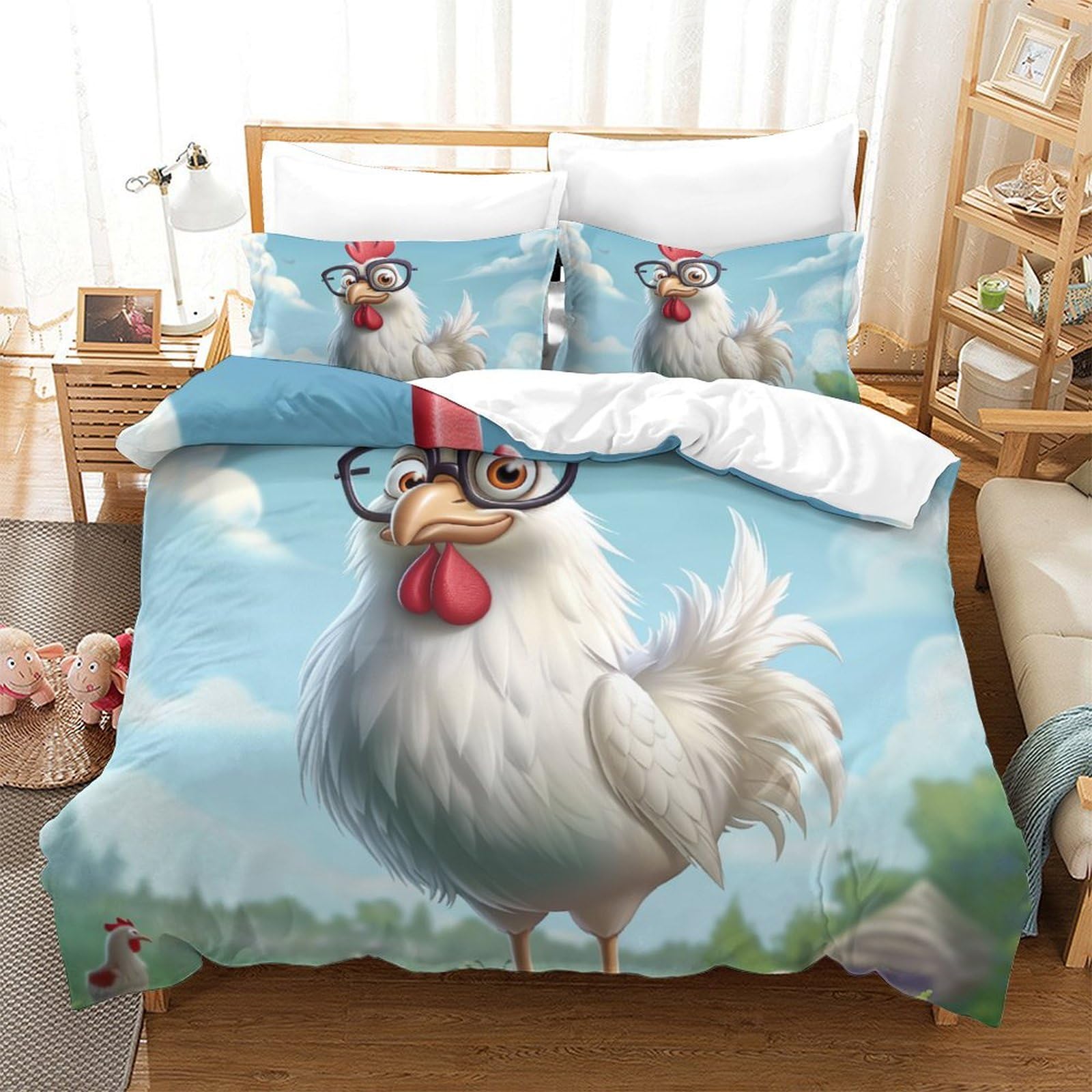 Housse de couette coq zippée anti-plis en microfibre pour lit 260x220cm