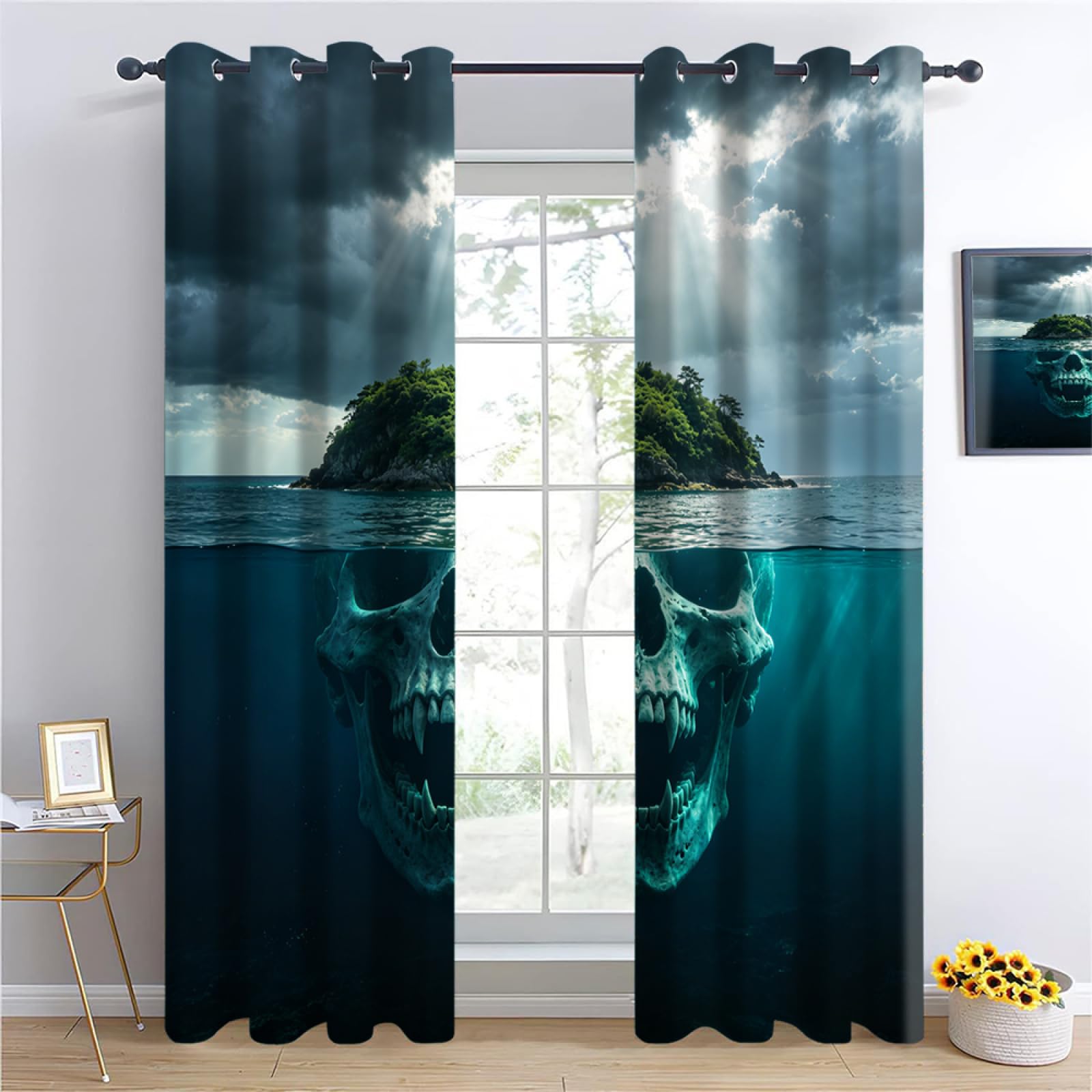 isolated island Insulated Blackout Curtains,skeleton Bedroom Curtains, Deep-sea giant skull Drapes for Kids Nursery, Prehistoric Mysteries Living Room Printed Noise Reducing W96 x L183cm 2 Panels