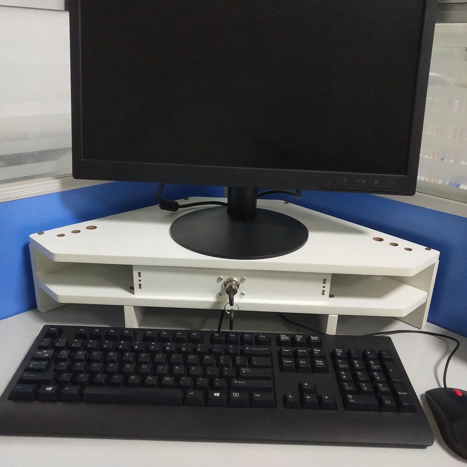 SDGcfgjW corner desks， White Corner Monitor Stand with Drawer, Triangle Screen Riser Ergonomic Organizer Storage Rack, Universal Lift