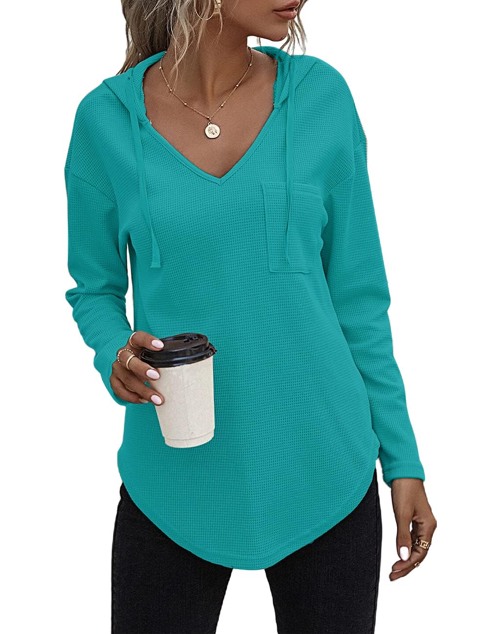Cuptacc Felpa Donna con Cappuccio 2024 Maglione Scollo A V Autunno Maglia Manica Lunga Camicia Elegante