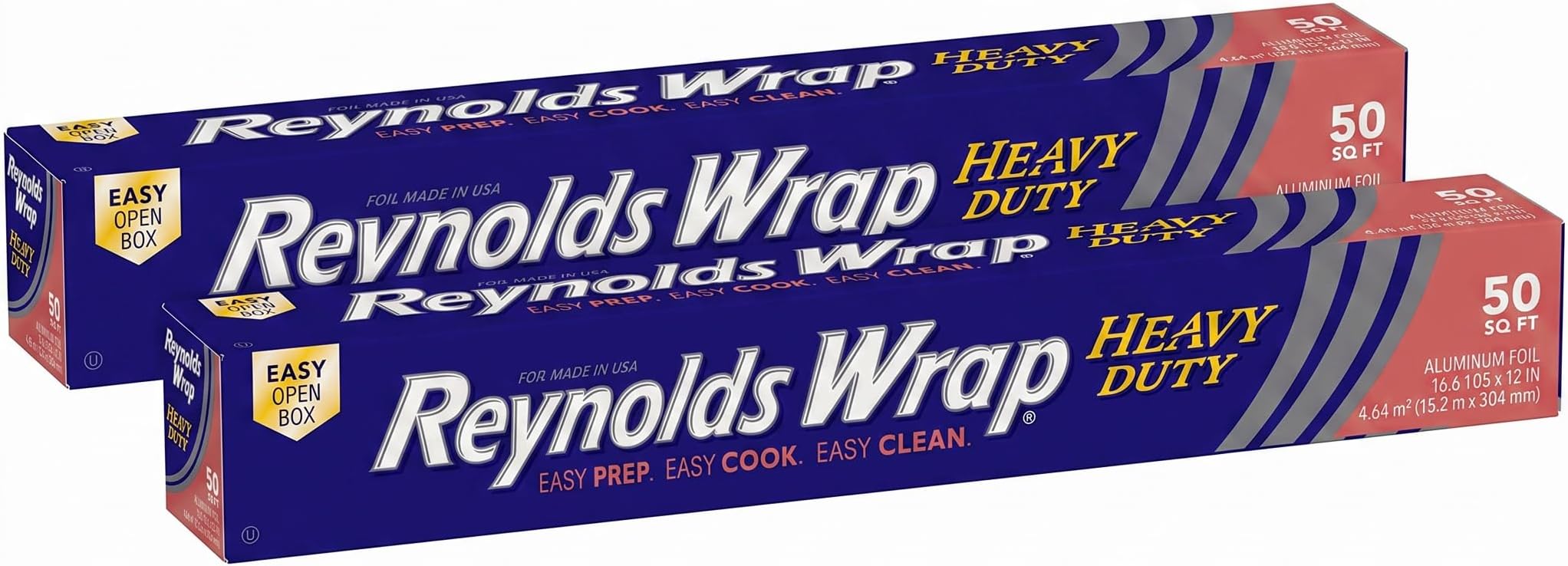 Reynolds Wrap Heavy Duty Aluminum Foil Roll, Thick Heavy Duty Foil for Added Strength and Durability, Secure Easy Open and Close Tab, 12 Inches Wide, 50 Sq. Ft. (Pack of 2)