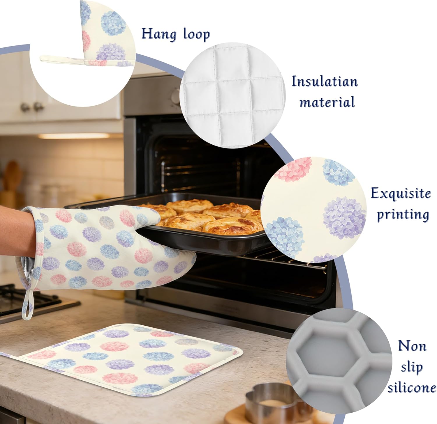 Colourful Hydrangeas Pot Holders and Oven Mitts Set Silicone Summer Flowers Kitchen Gloves Potholders Heat Resistant Washable,Chef Cooking Baking Gifts for Women Men Bakers Lover Cooks
