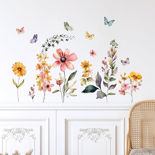Miniatura 3 de Supzone Calcomanías de pared de flores de jardín, coloridas flores silvestres, calcomanías de pared de vinilo para despegar y pegar, para sala de